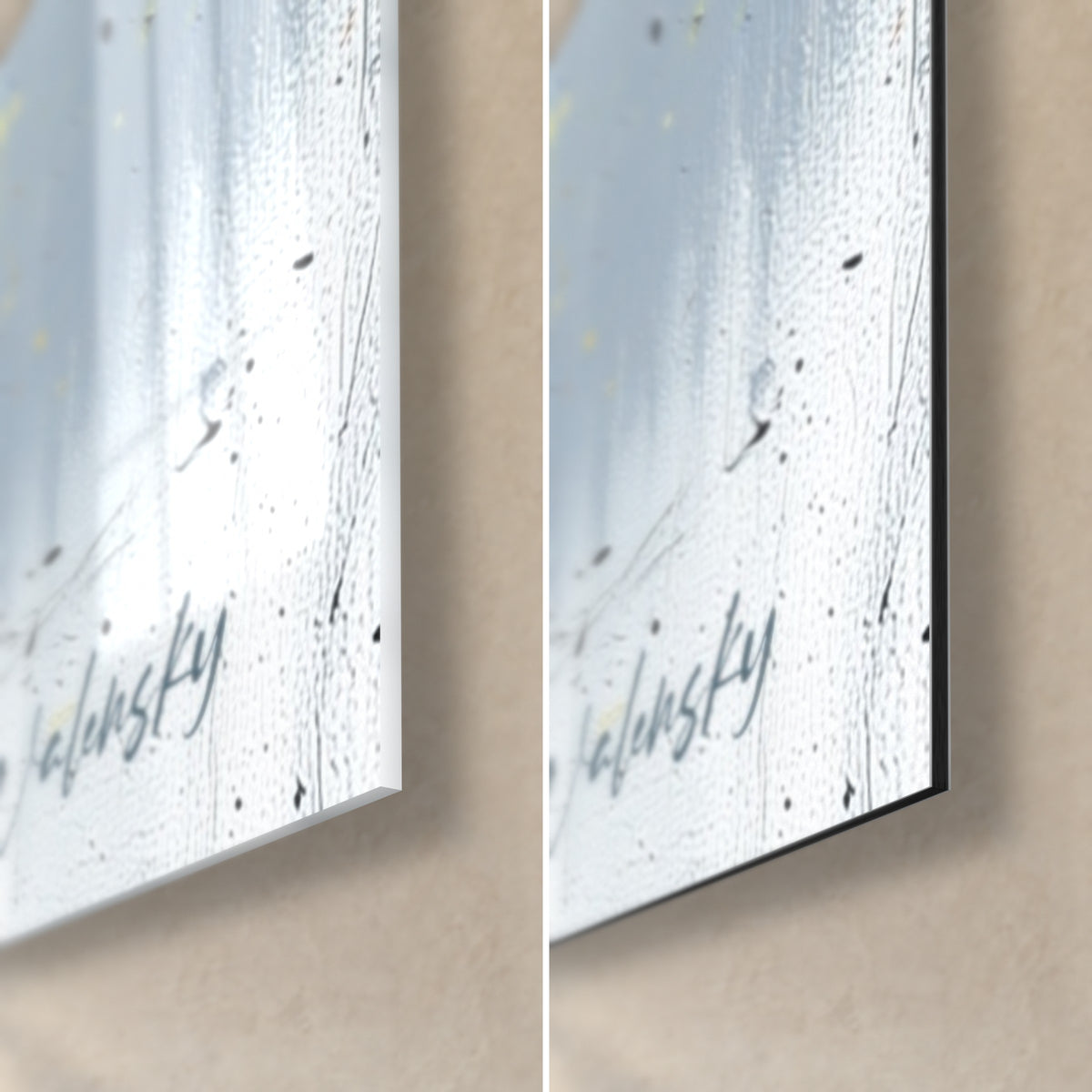 Tableau sphères orange et bleues, coin bas droit : signature Walensky sur verre brillant à gauche, Dibond mat noir à droite, tranche 3 mm