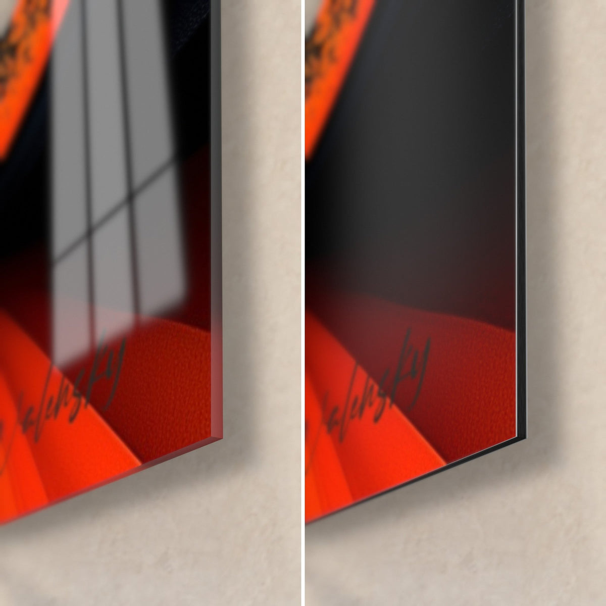 Wall art with orange and red waves on a charcoal background, bottom right corner, glossy acrylic glass and matte Dibond aluminium, 3 mm edge