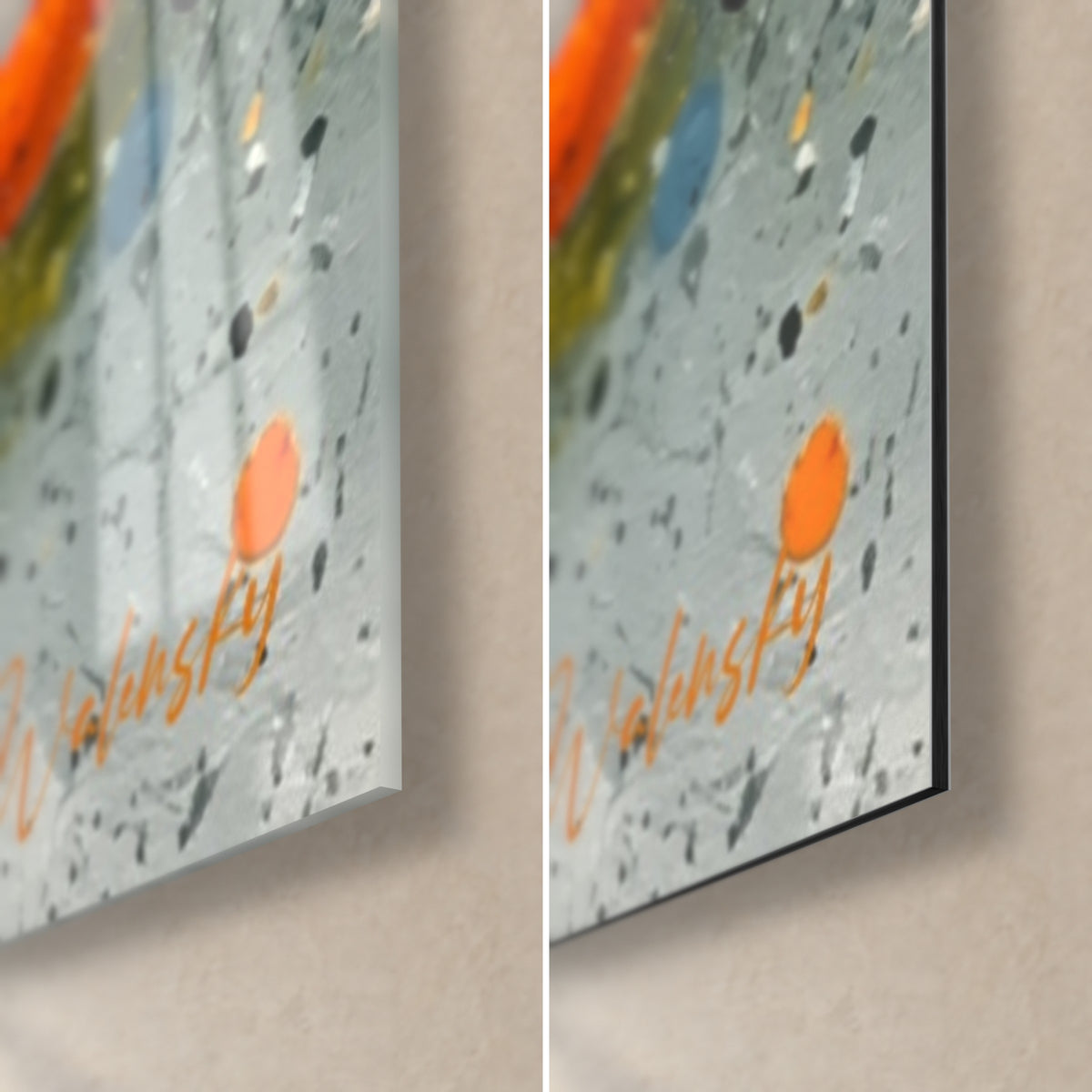 Tableau disques jaunes et orange éclaboussés, coin bas droit : verre brillant à gauche, Dibond mat à droite, tranche 3 mm