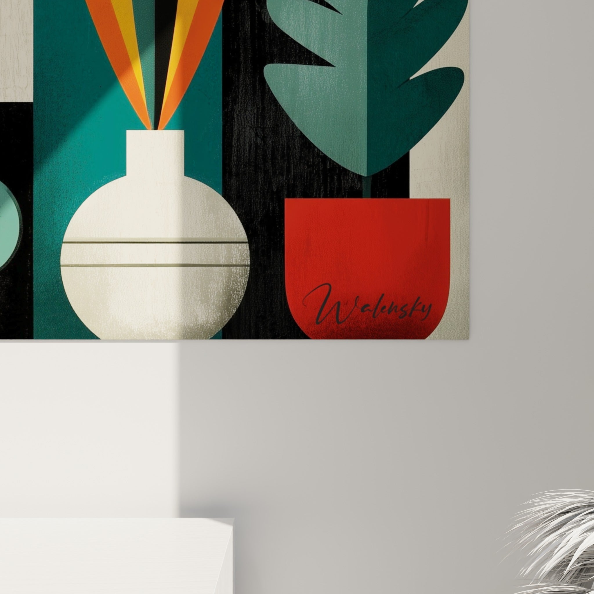 Détail des empâtements colorés révélant la texture rouge et jaune de la toile géométrique