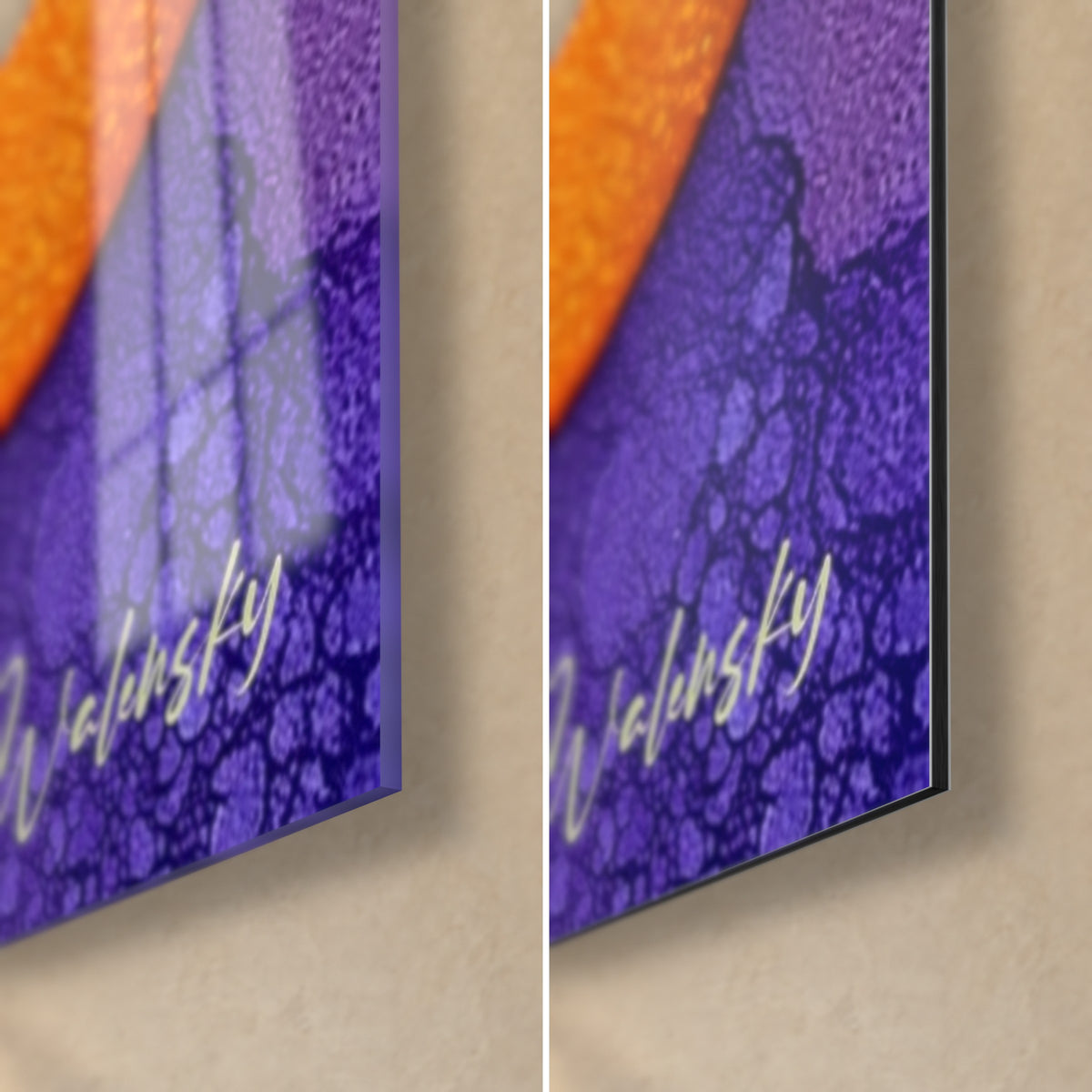 Schilderij met getextureerde bollen, rechter onderhoek: glanzend glas links, mat violet gebarsten Dibond rechts, rand van 3 mm