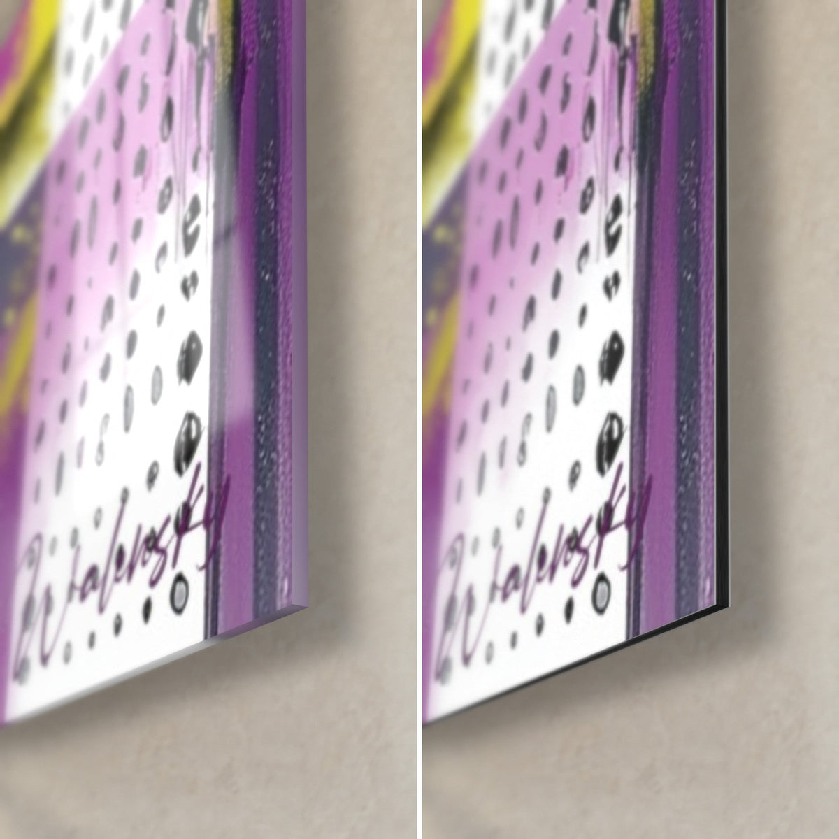 Tableau bandes magenta et blanc à pois noirs, coin bas droit : verre brillant à gauche, Dibond mat à droite, tranche de 3 mm