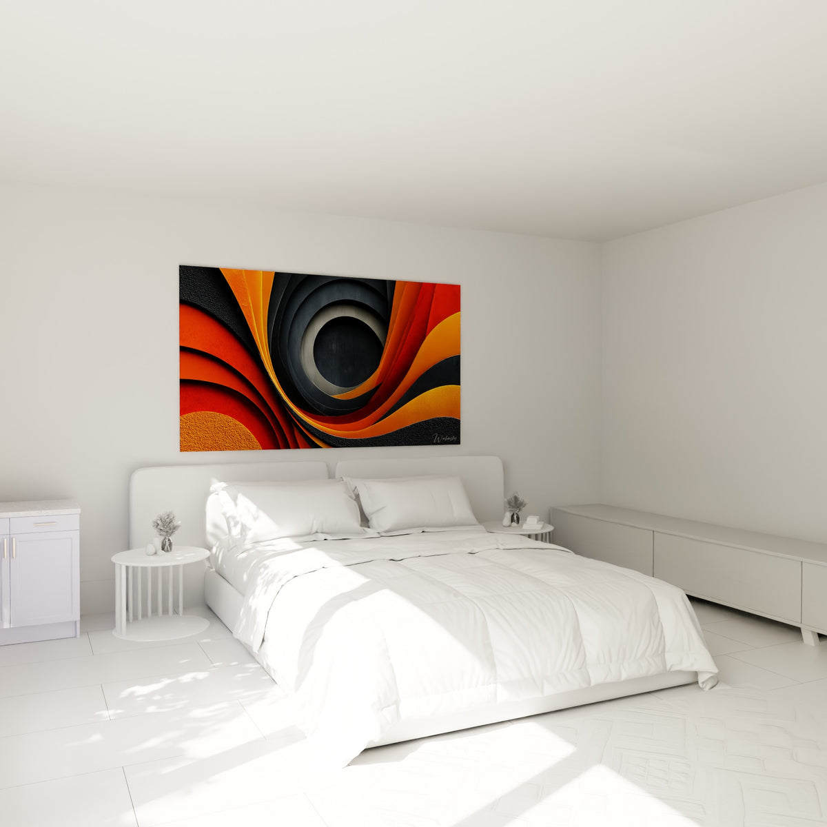 Tourbillon géométrique abstrait orange et noir au-dessus d'un lit dans une chambre claire