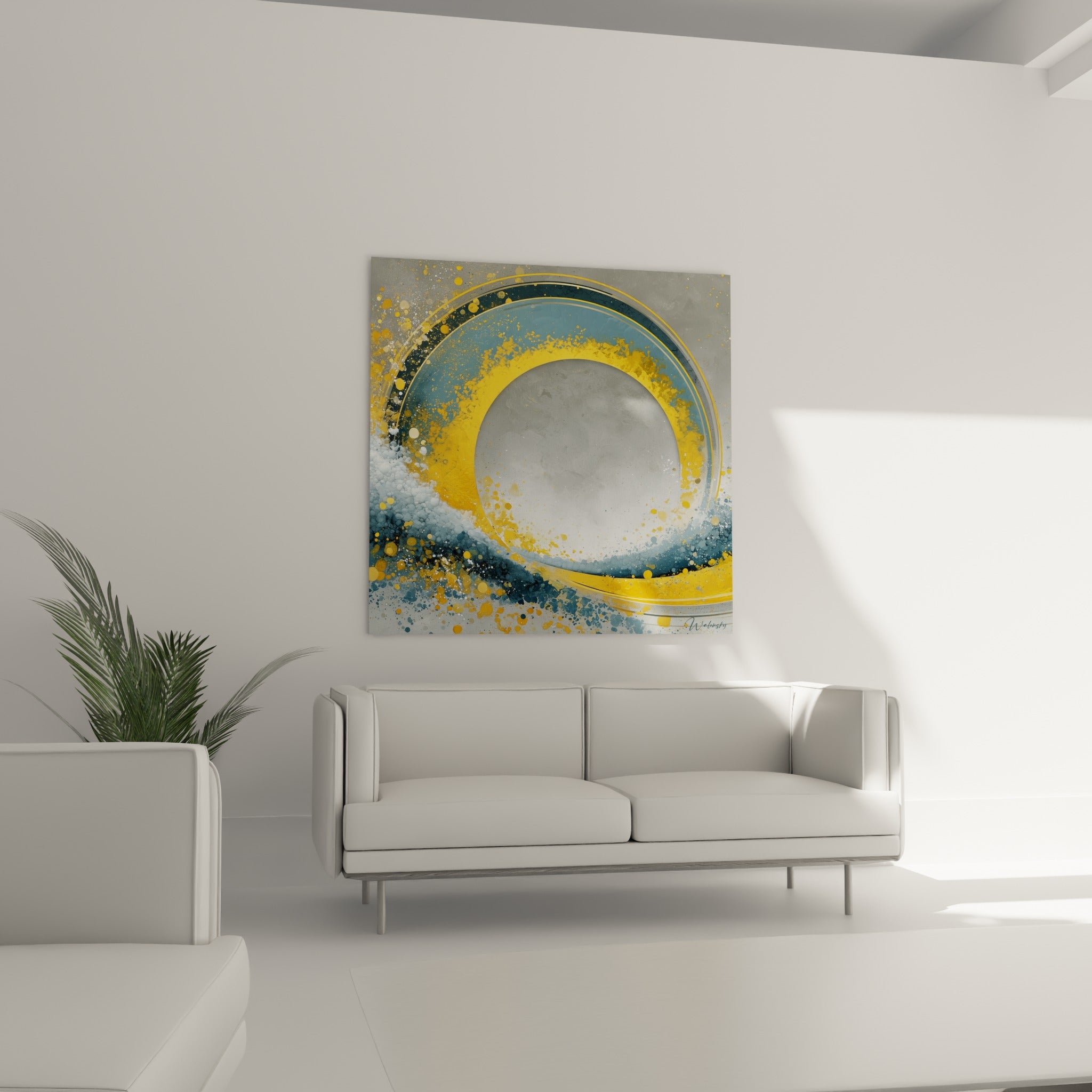 Tourbillon doré et gris du tableau géométrique abstrait accroché au-dessus d'un canapé dans un salon lumineux