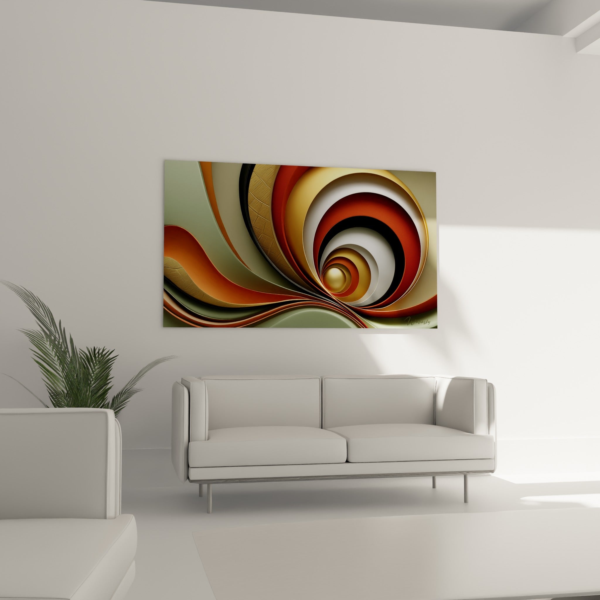 Courbes vert sauge et anthracite de ce tableau géometrique abstrait au-dessus d'un canapé dans un salon lumineux