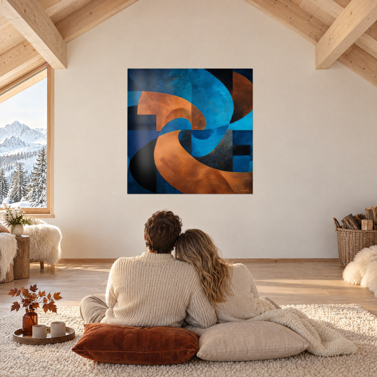 Cuadro remolino geométrico azul turquesa y tierra de Siena, grandes curvas texturizadas, delante de una pareja acurrucada en cojines