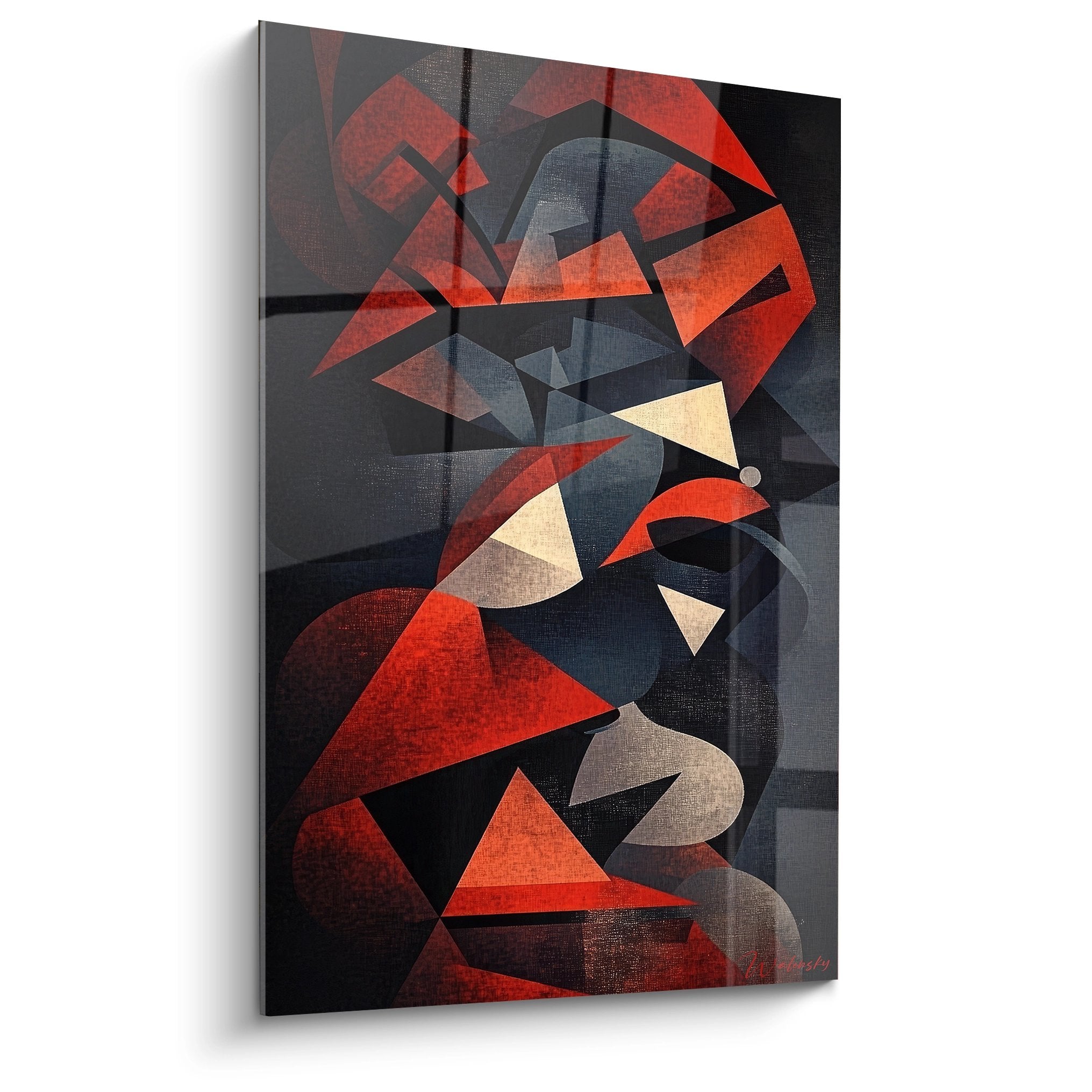 Tableau mural géométrique abstrait triangles rouges et bleus superposés sur fond sombre