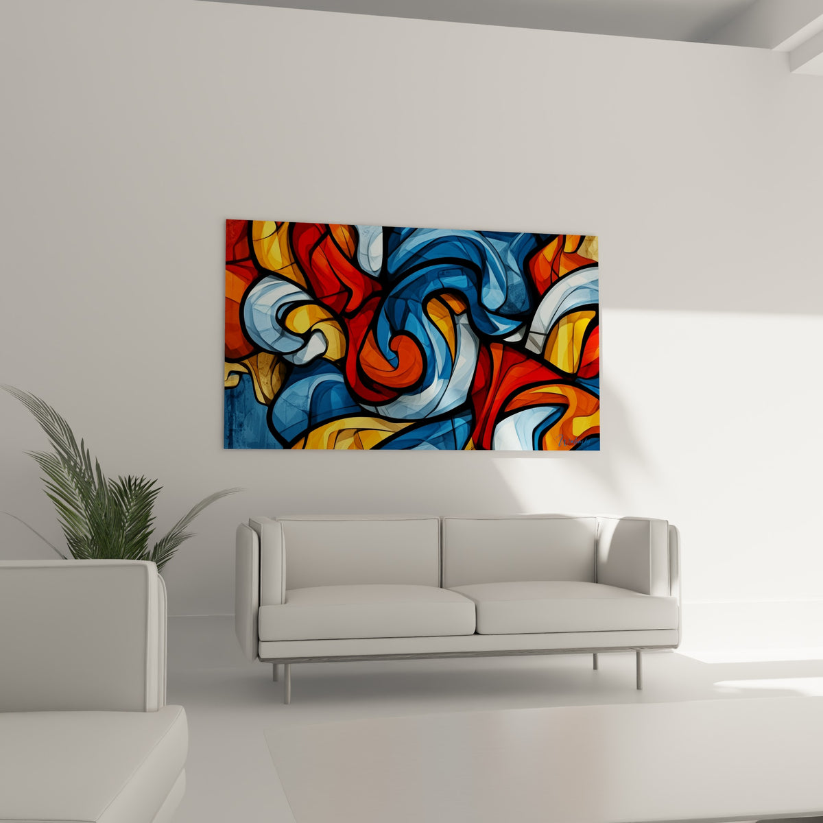 Vagues géométrique abstrait orange doré et bleu profond au-dessus d'un canapé dans un salon lumineux