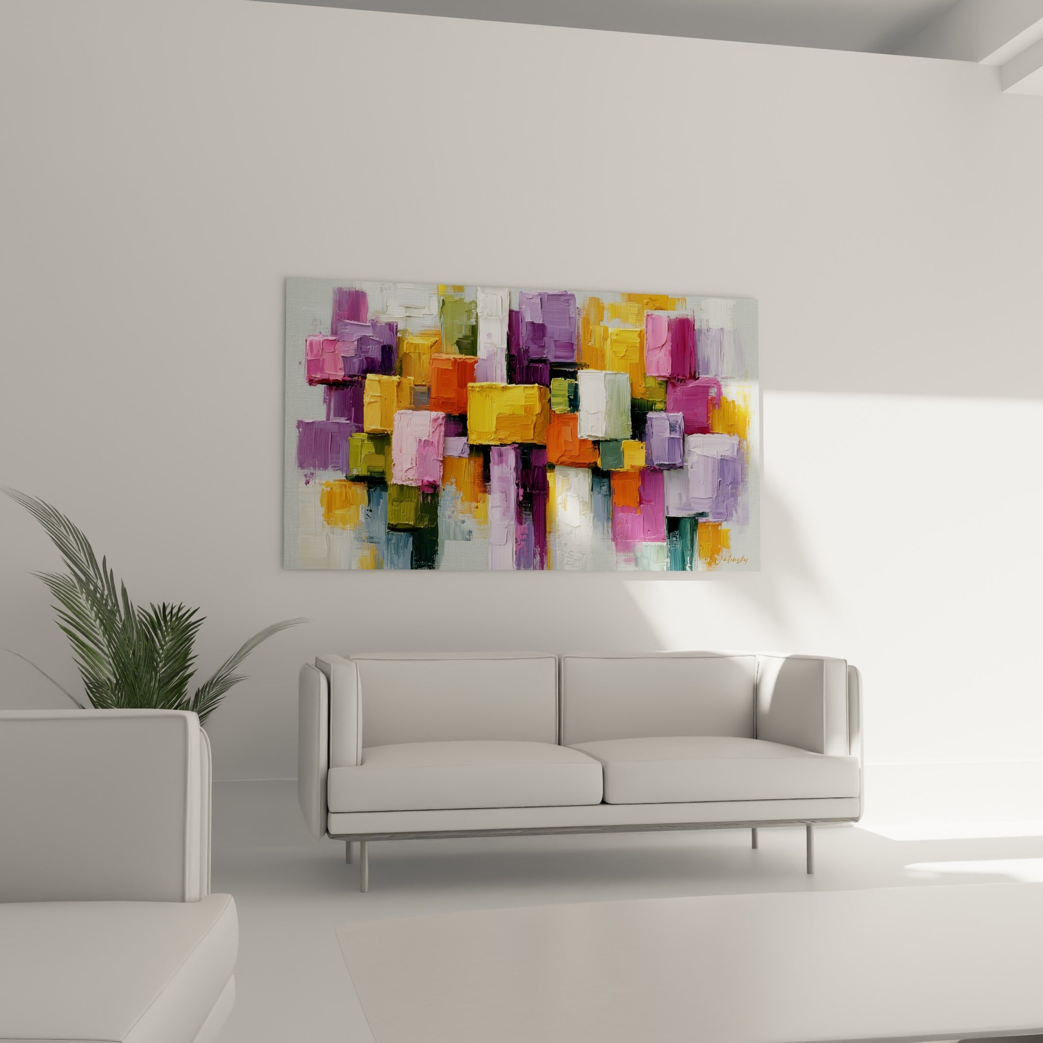 Mosaïque violette et ocre d'un tableau géométrique abstrait accrochée au-dessus d'un canapé dans un salon lumineux