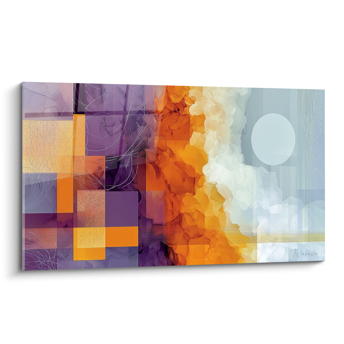 Composition géométrique abstraite violette et orange avec sphère bleu pastel et nuage blanc vaporeux