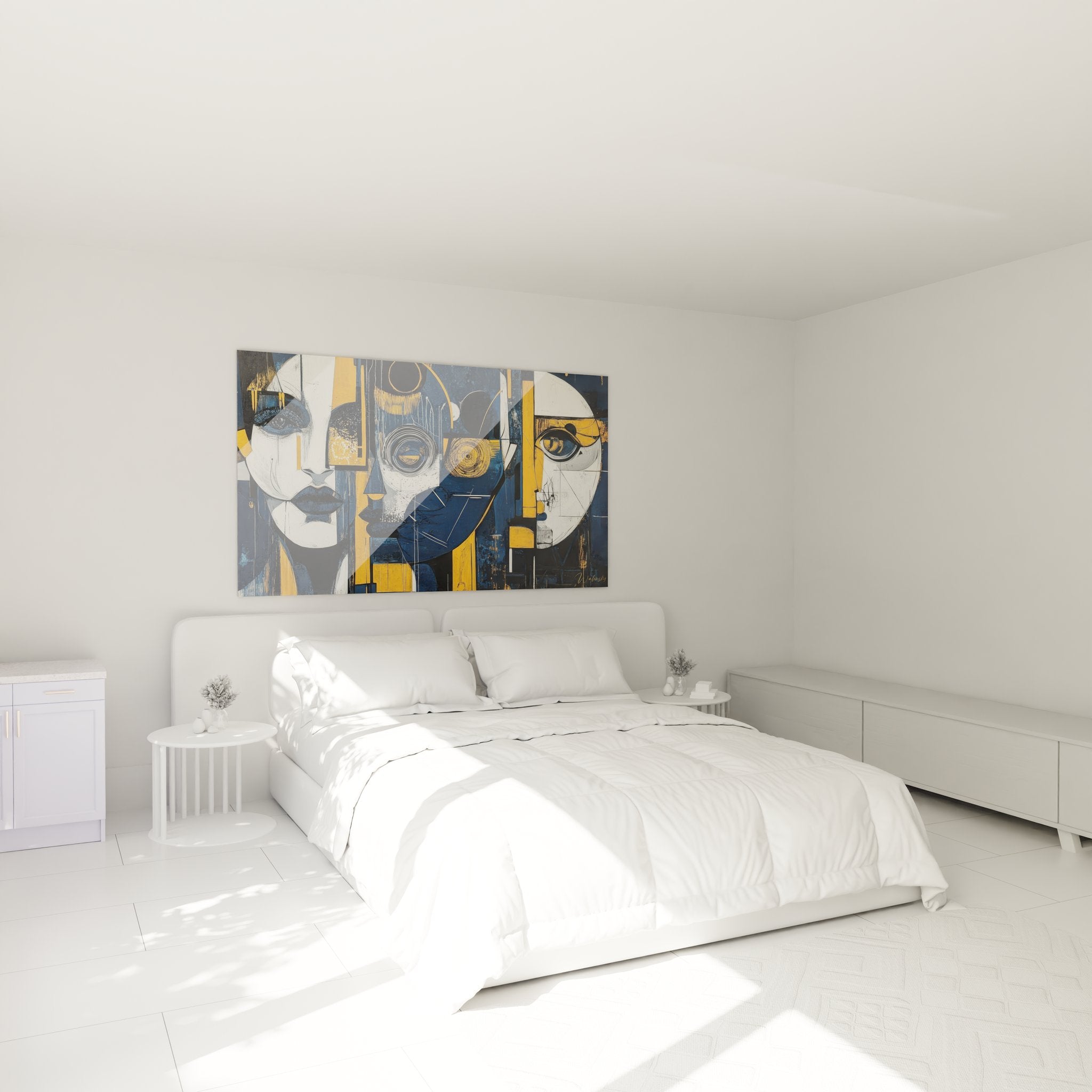 Tableau mural géométrique abstrait visages fragmentés dans ambiance chambre moderne contemporaine