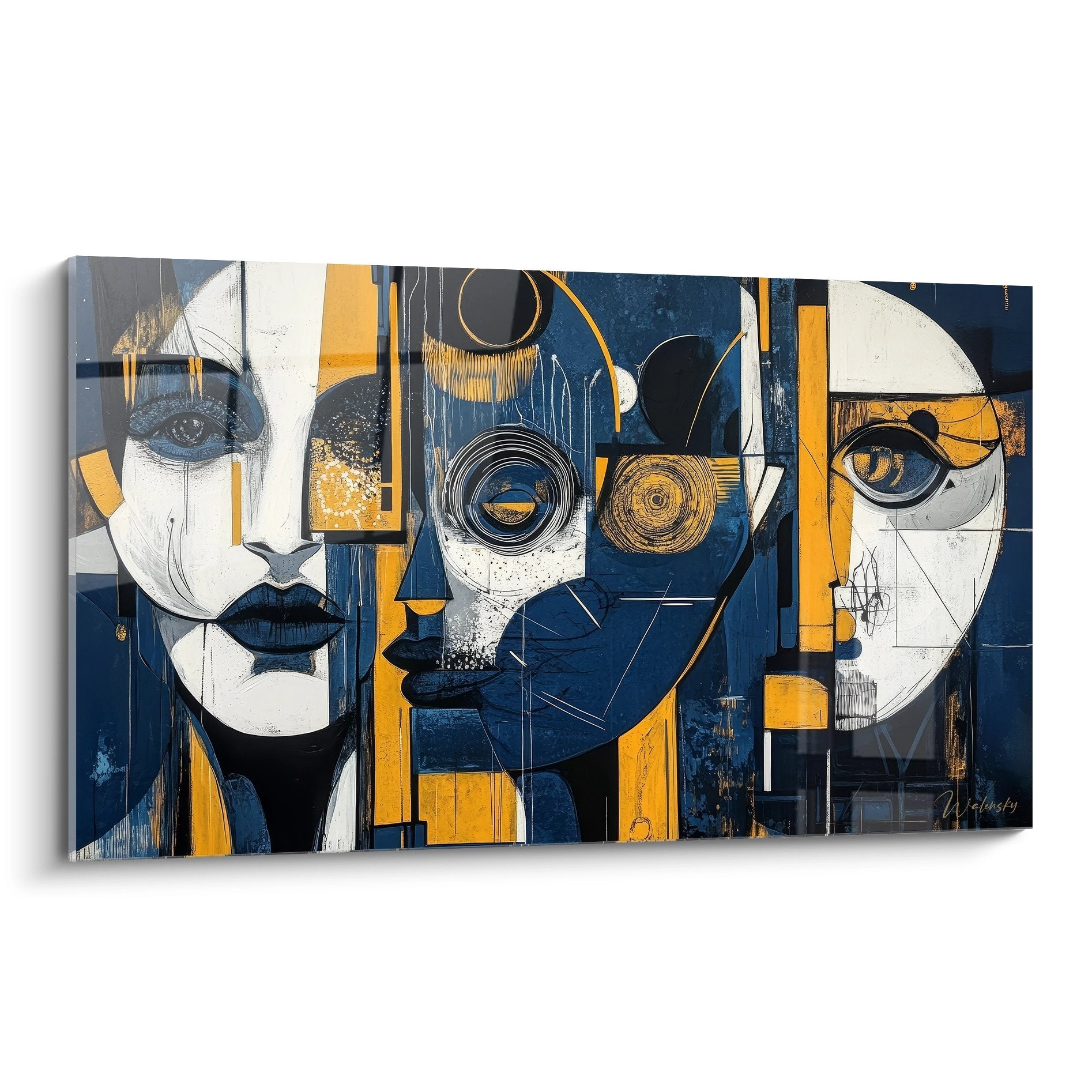 Tableau géométrique abstrait représentant trois visages fragmentés en style cubiste bleu et orange