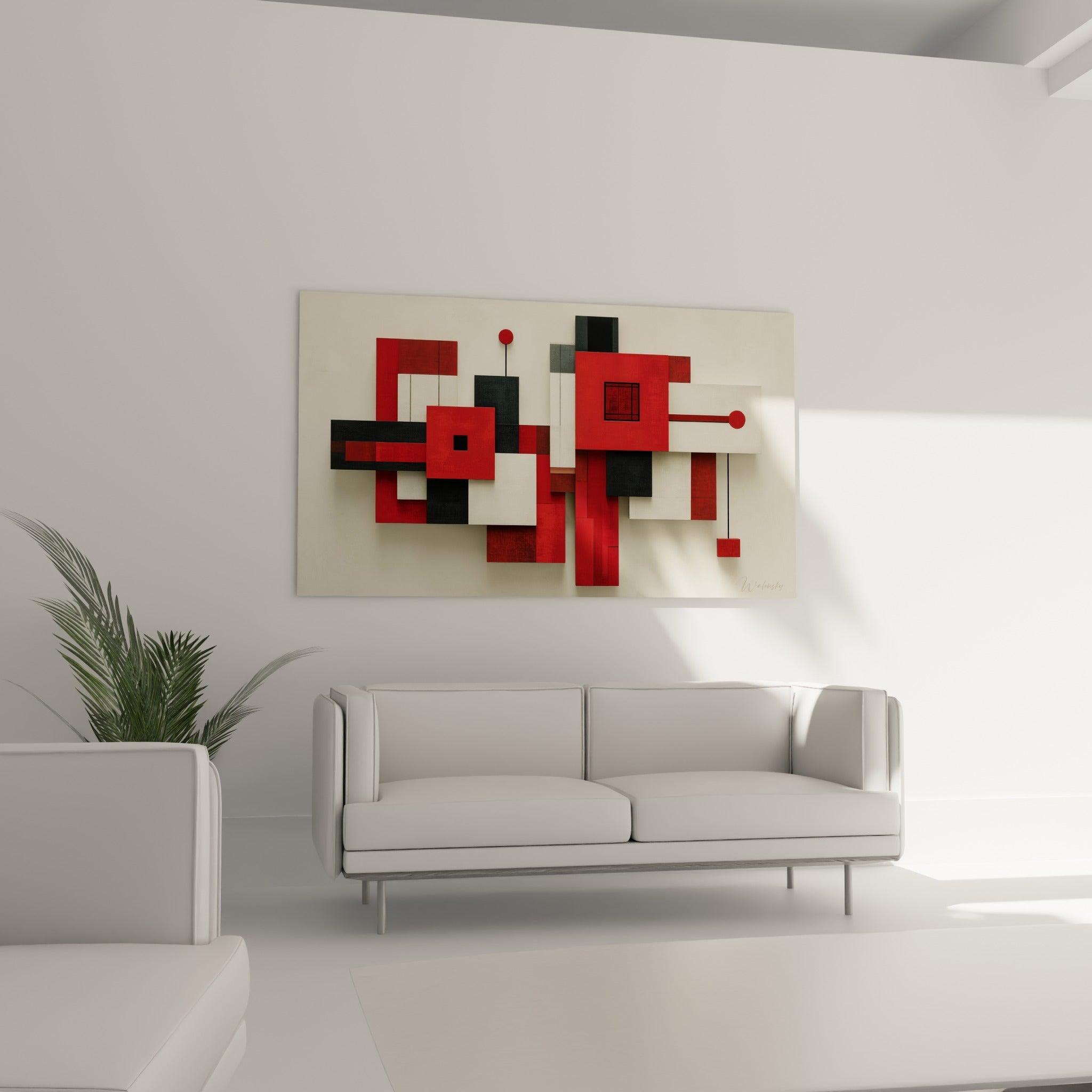 Volumes sculptés en rouge et anthracite animent ce tableau géometrique abstrait au-dessus d'un canapé dans un salon lumineux