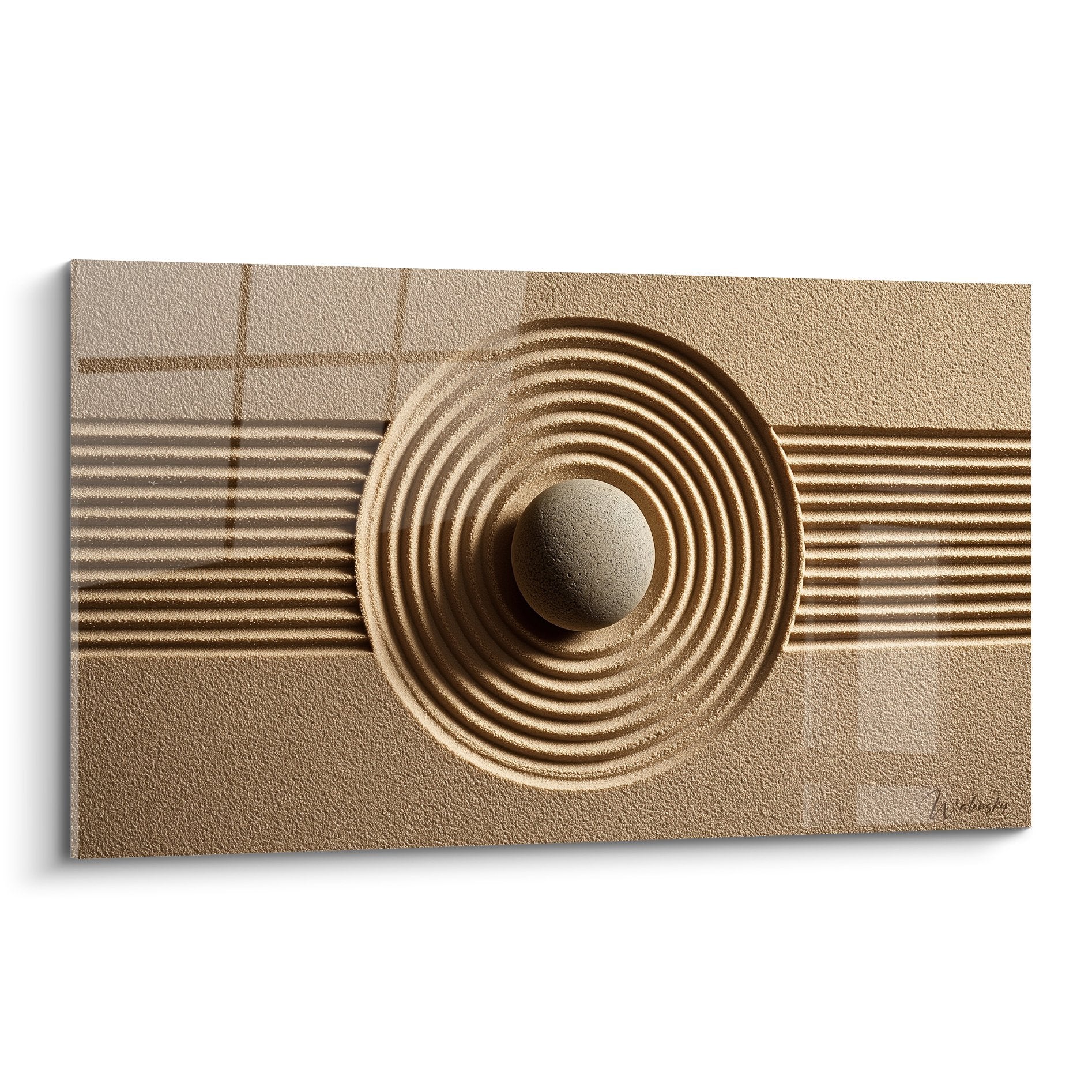 Beige and gold geometric wall art with concentric circles and parallel lines on grainy sand texture