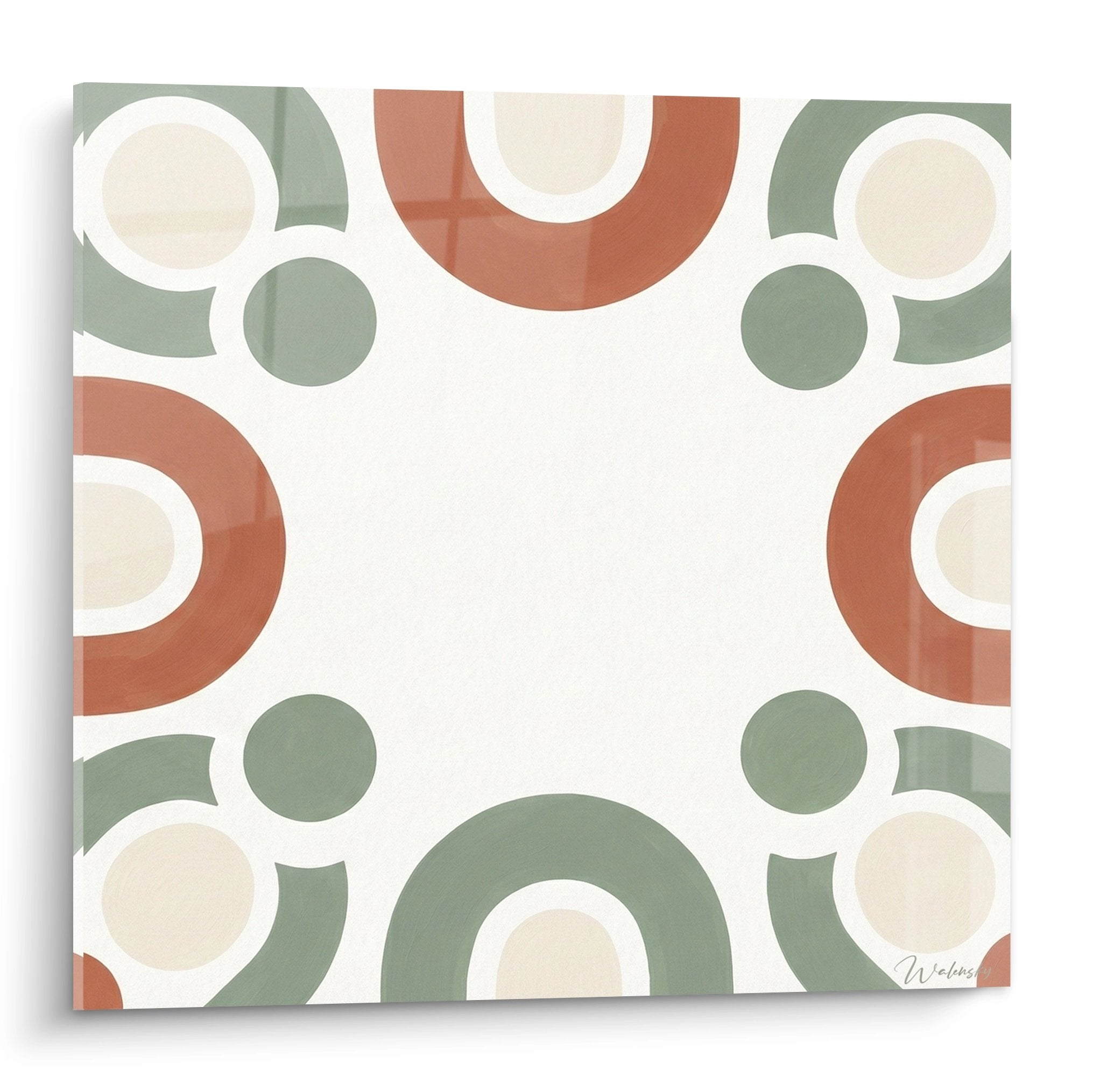 Tableau moderne formes geometriques cercles verts terracotta fond blanc decoration murale mandala