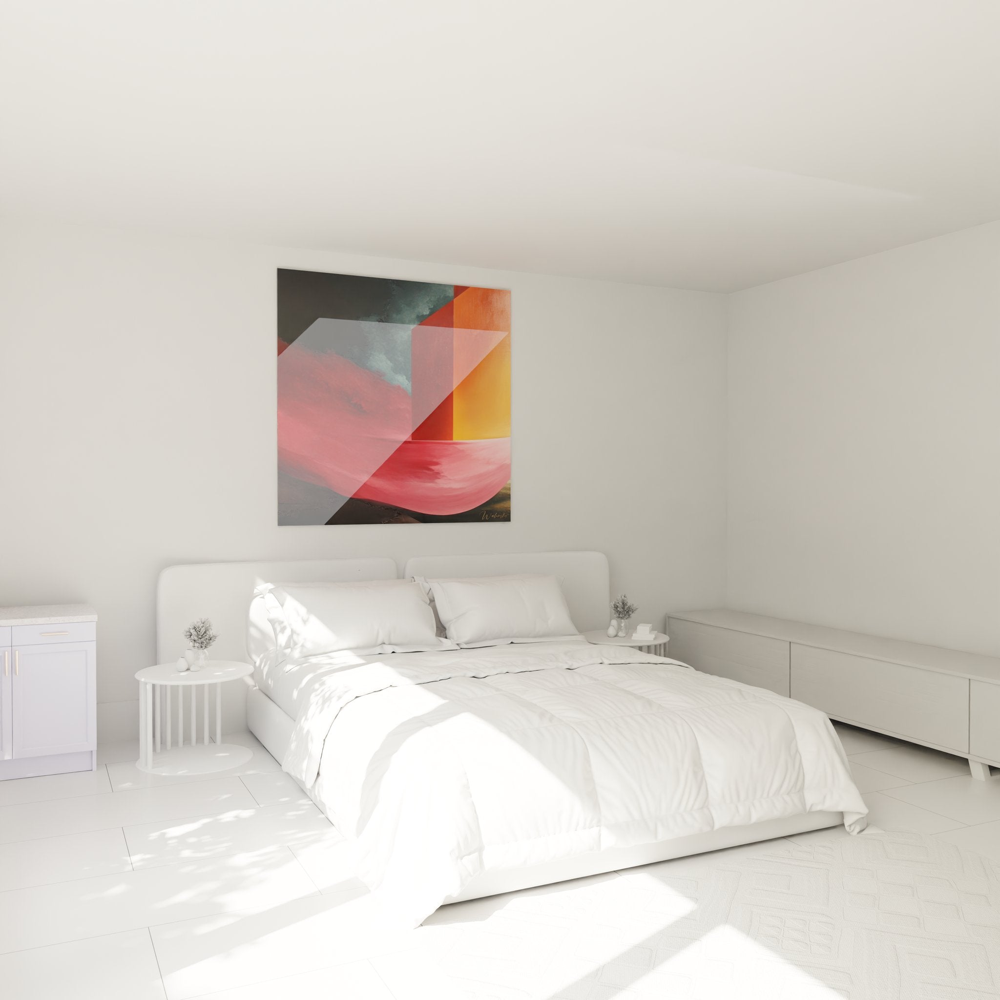 Tableau géométrique coloré rouge orange dans chambre moderne - décoration murale contemporaine
