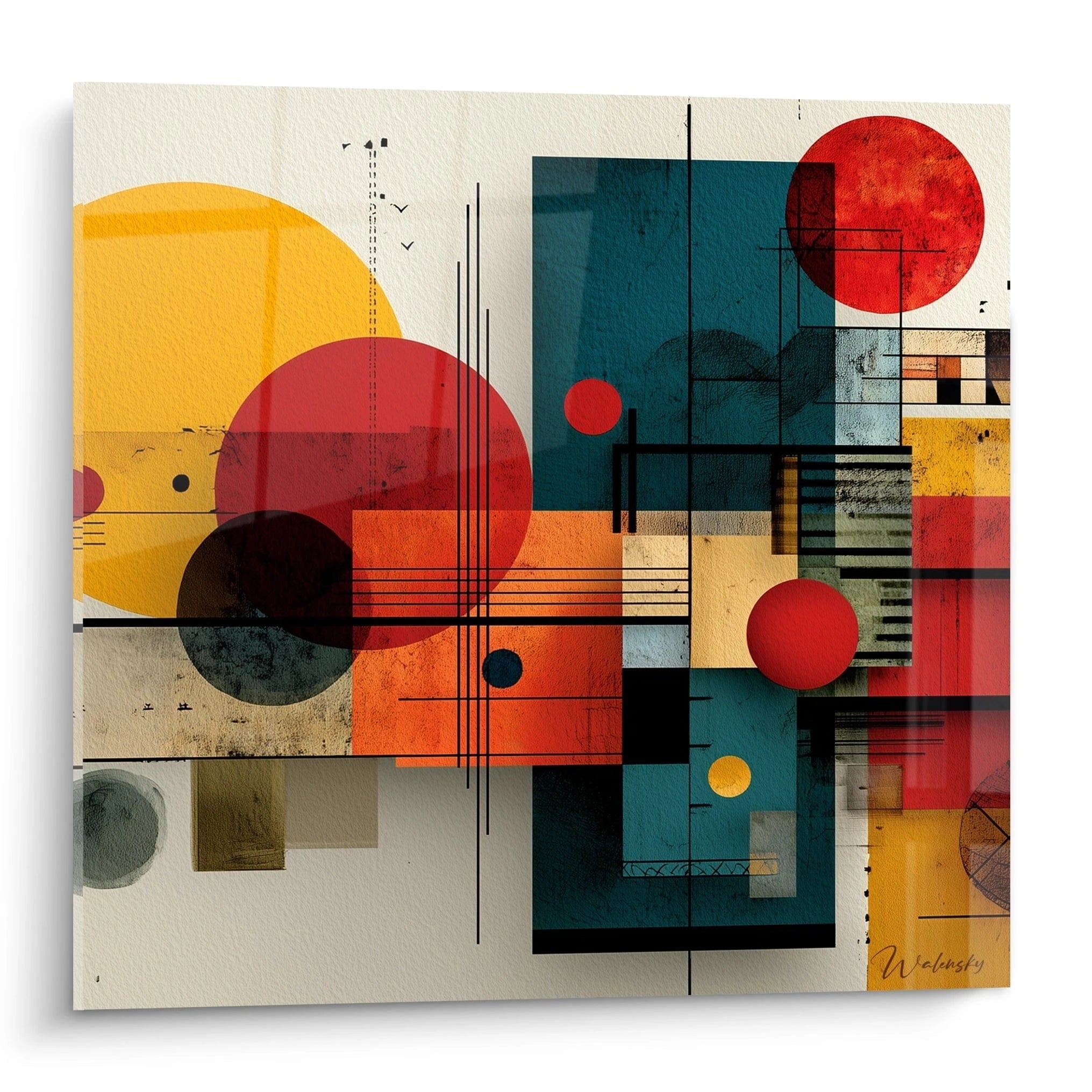 Tableau mural Walensky tableau géométrique Bauhaus aux cercles et rectangles rouges jaunes et bleus