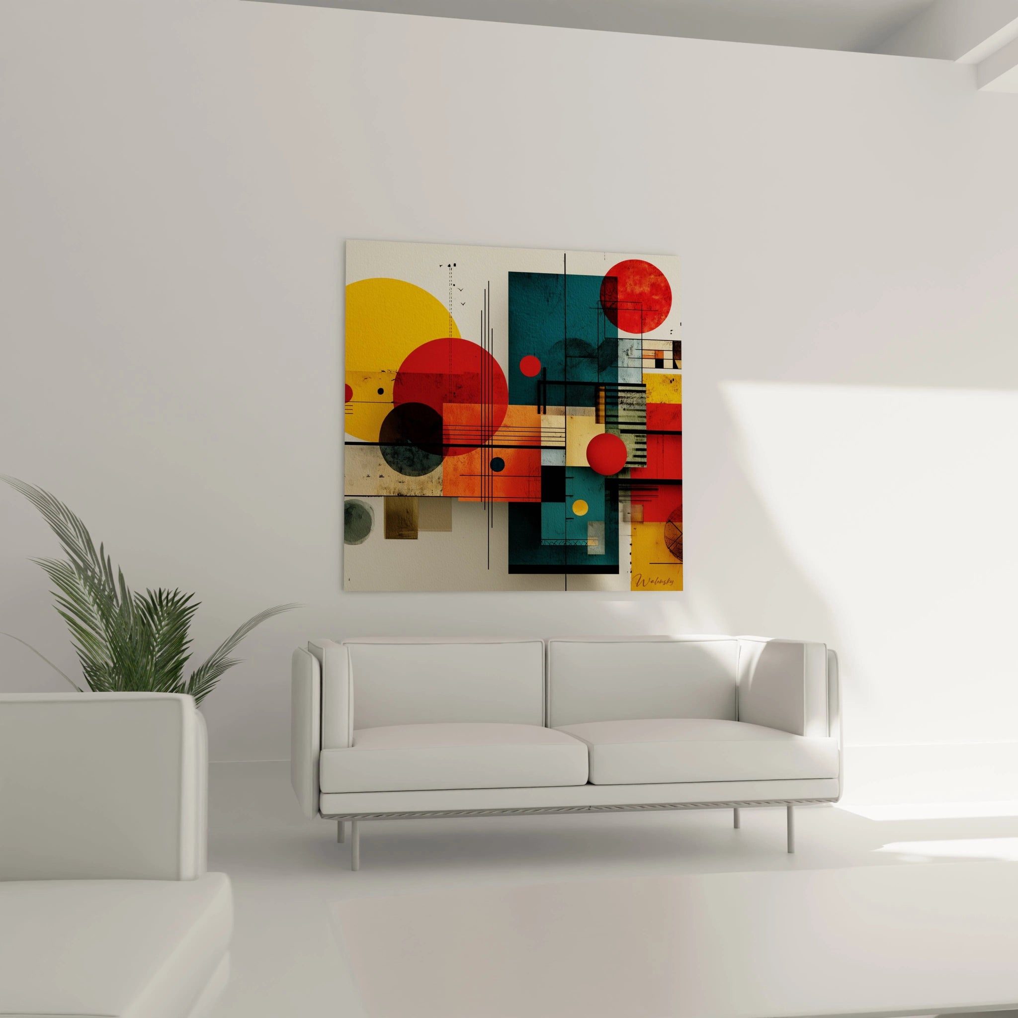 Walensky tableau géométrique Bauhaus mural coloré avec cercles rouges jaunes et rectangles bleus dans salon minimaliste