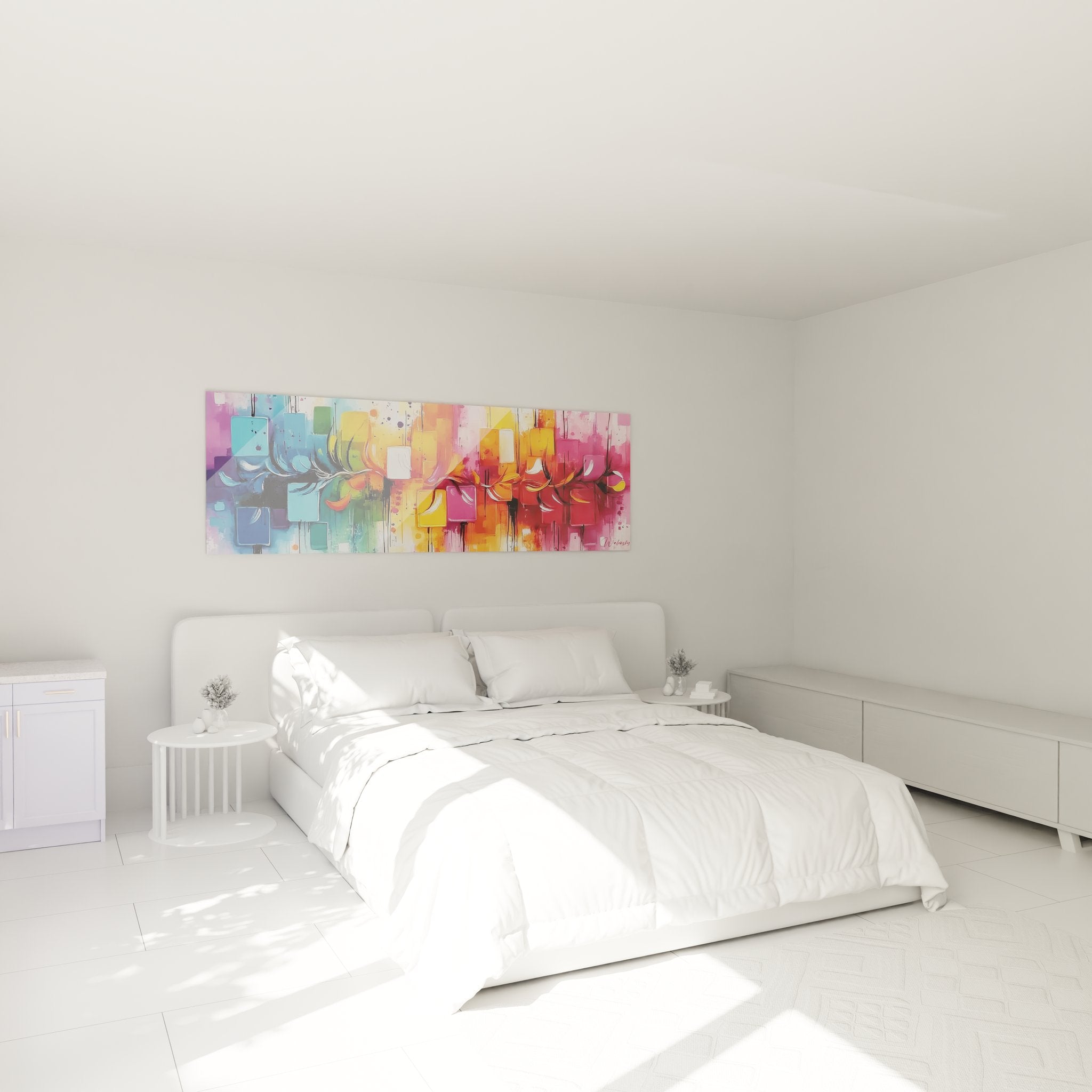 Tableau géométrique coloré dans chambre moderne avec cubes abstraits multicolores décoratifs