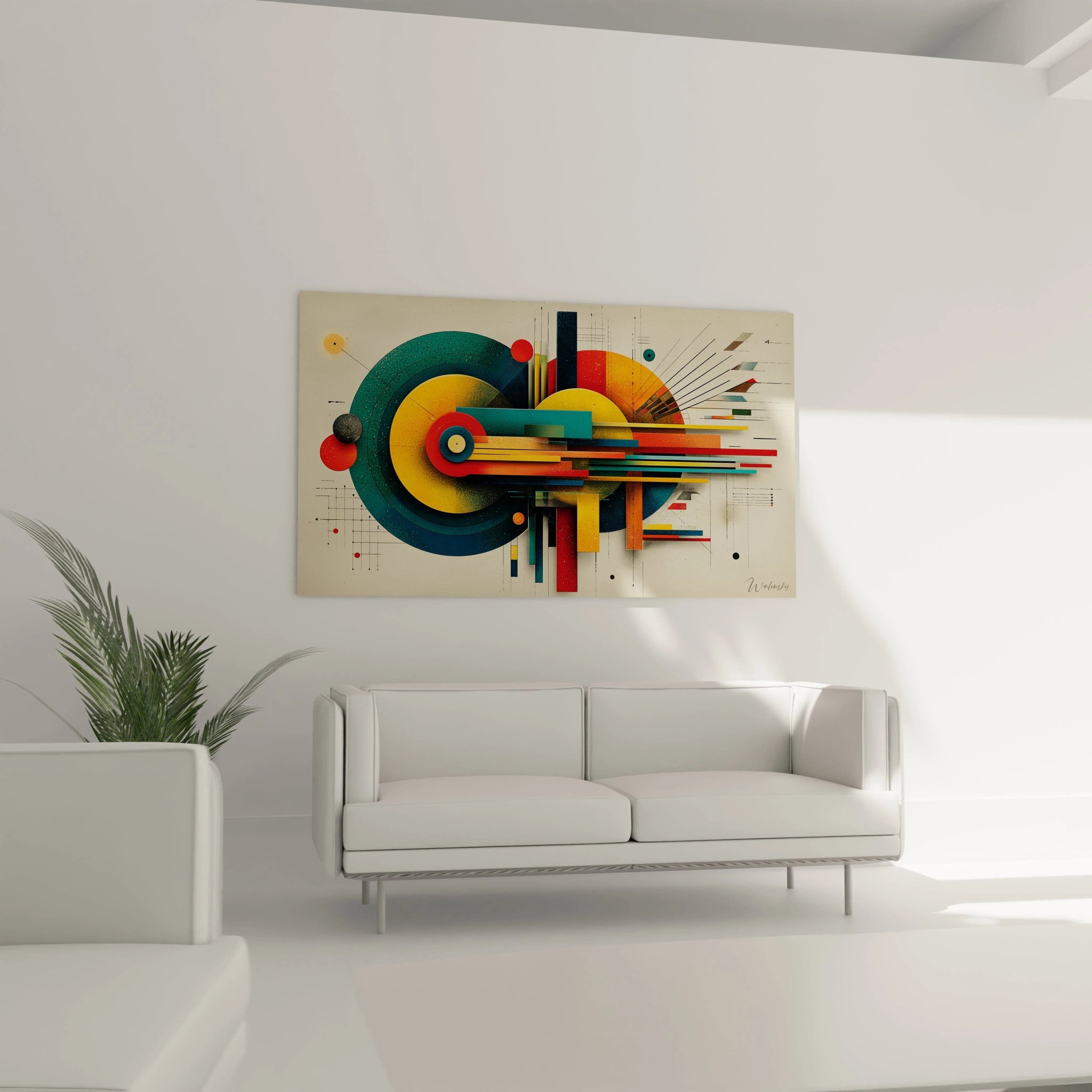 tableau géométrique Bauhaus Walensky accroché au-dessus d'un canapé blanc dans un salon moderne