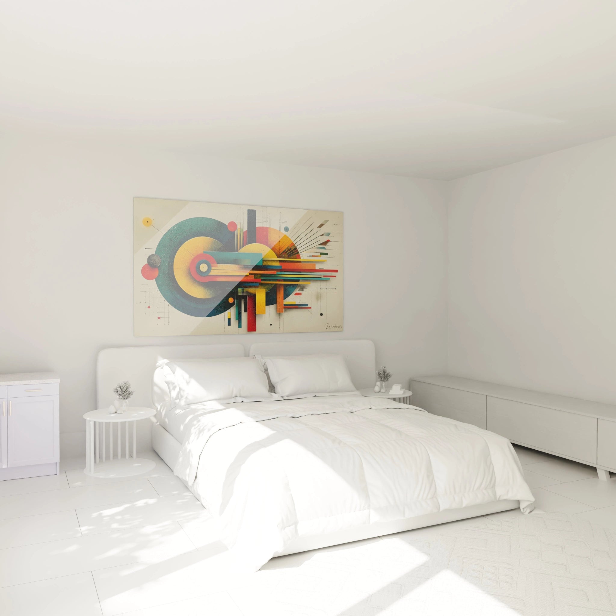 Tableau mural coloré Walensky au-dessus d'un lit blanc minimaliste dans une chambre lumineuse, tableau géométrique Bauhaus