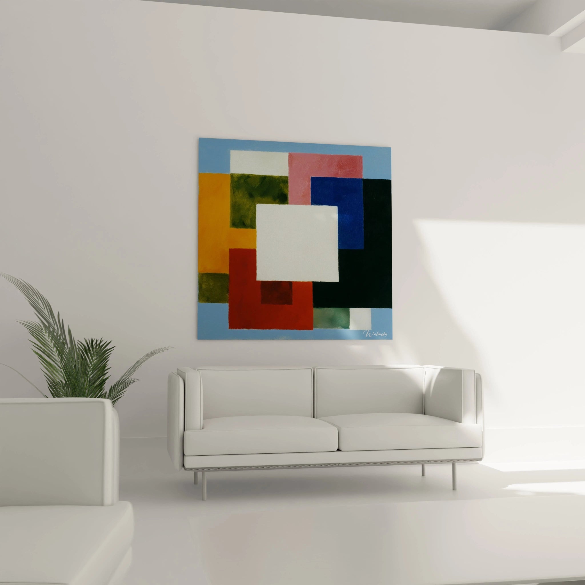 Tableau mural Walensky tableau géométrique constructivisme couleurs vives carrés superposés au dessus d un canapé blanc moderne