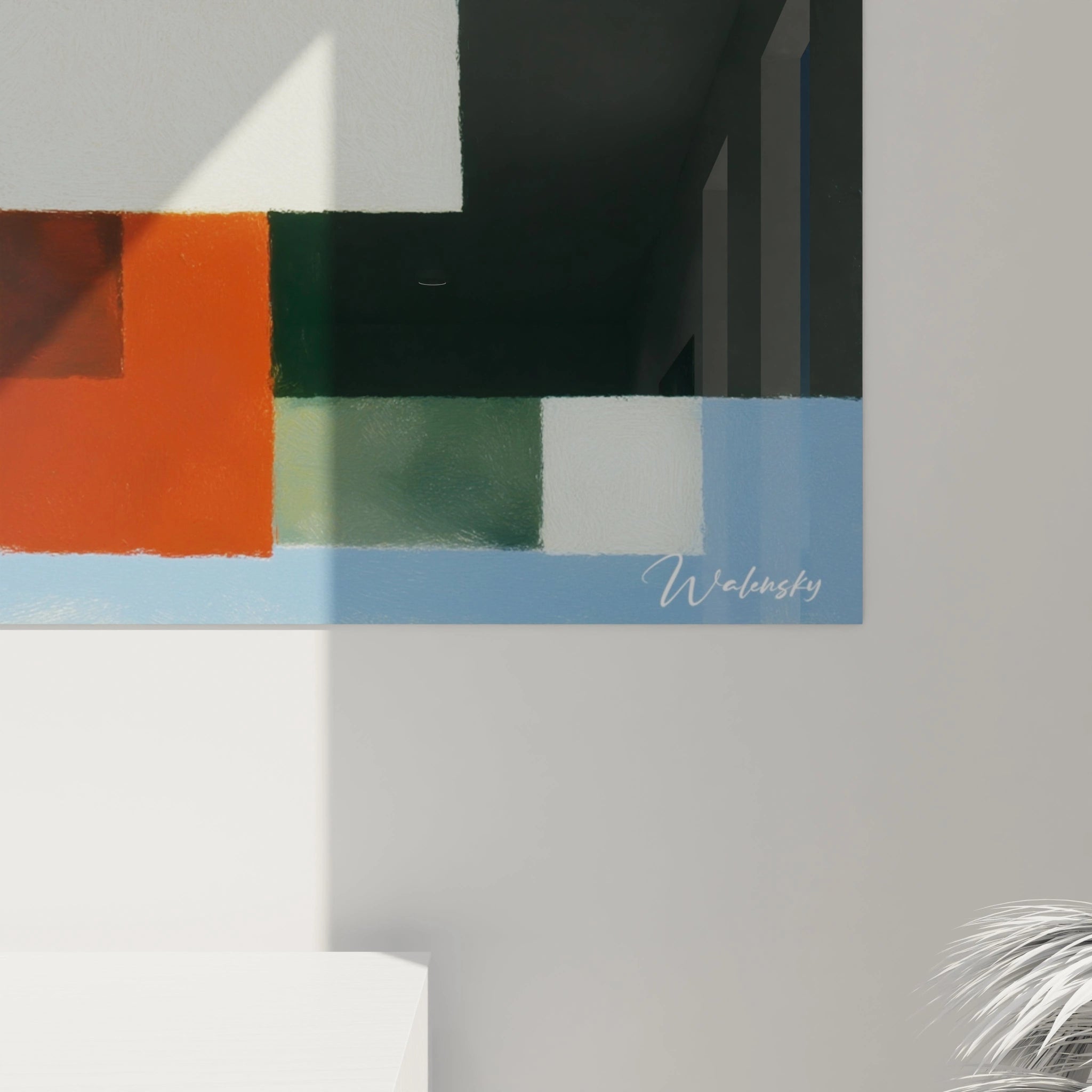 Tableau mural Walensky en style tableau géométrique constructivisme avec blocs colorés orange vert bleu et signature