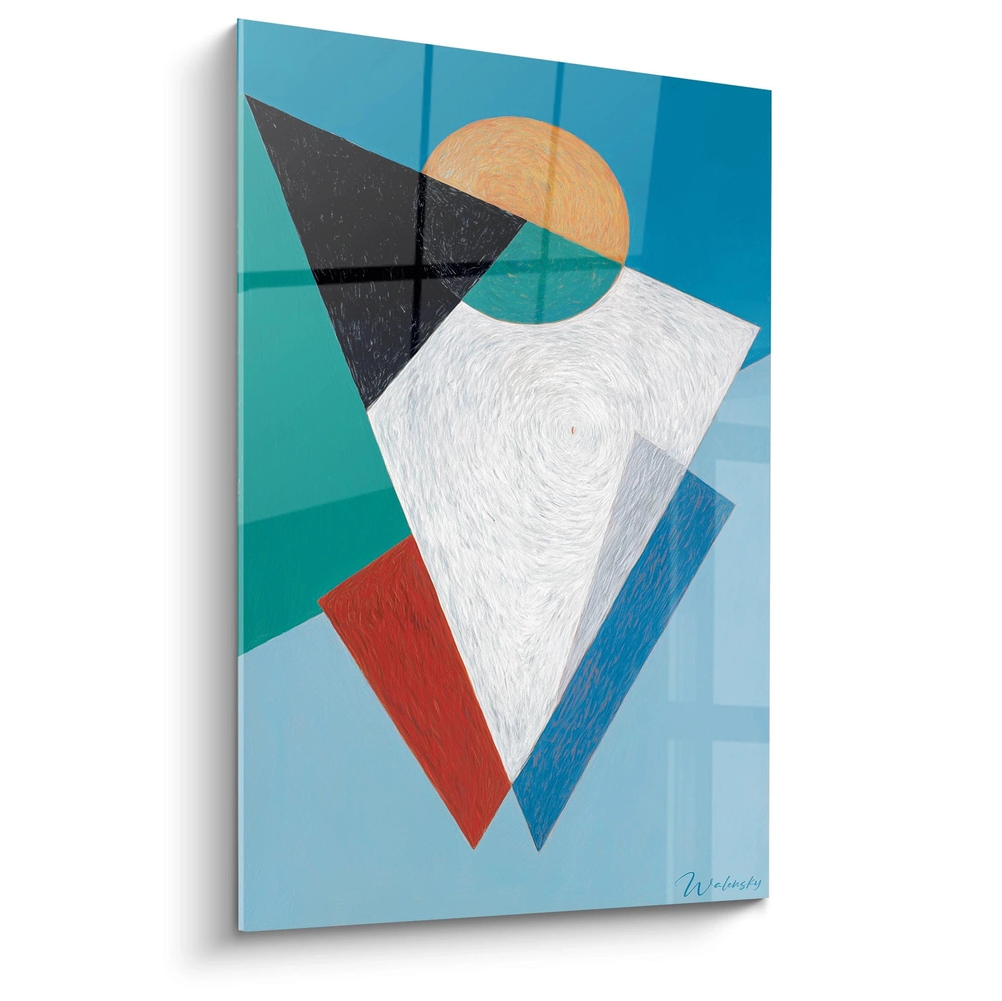 tableau géométrique d’art mural Walensky avec formes triangulaires colorées et cercle orange