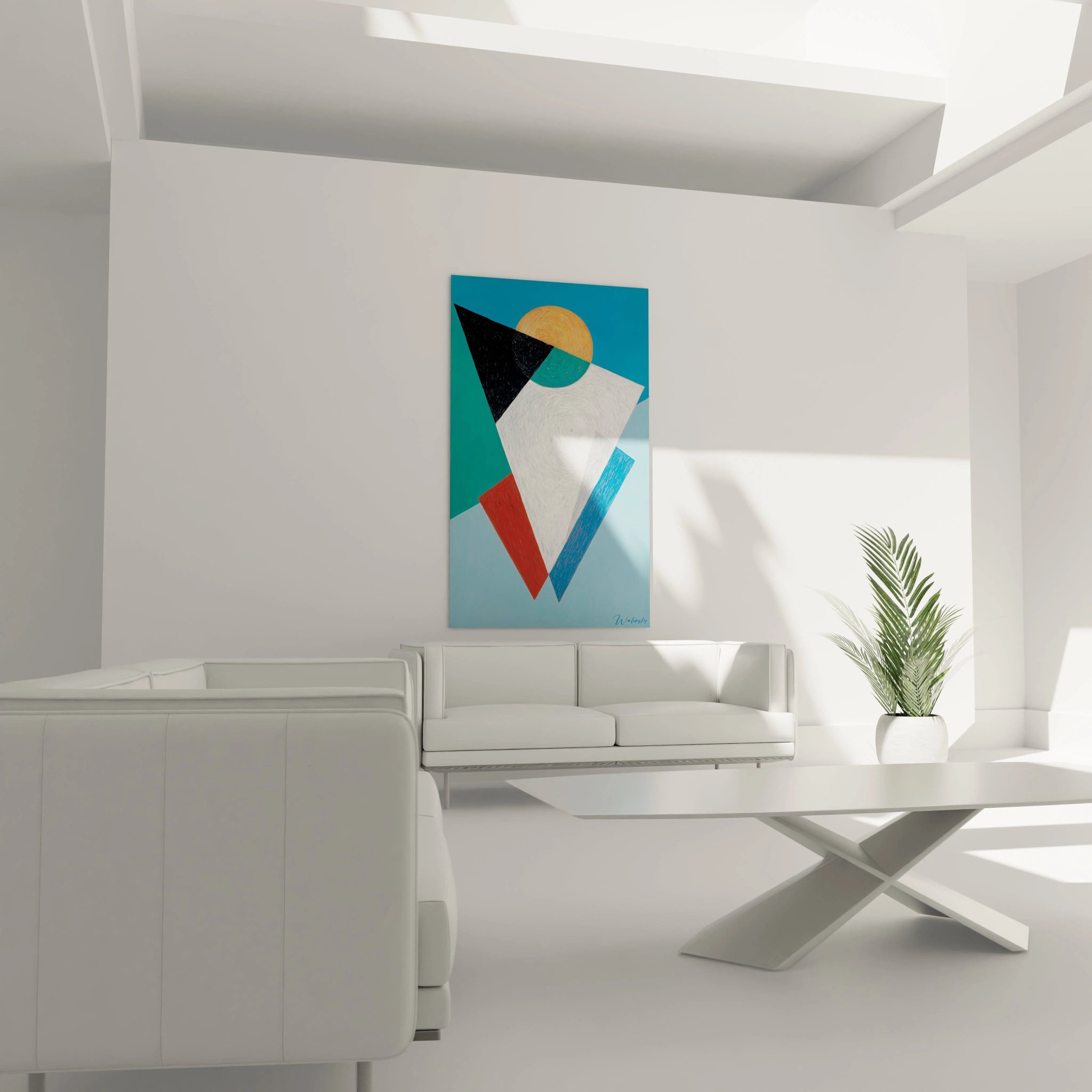 tableau géométrique d’art mural Walensky coloré accroché au dessus d'un canapé blanc dans un salon minimaliste