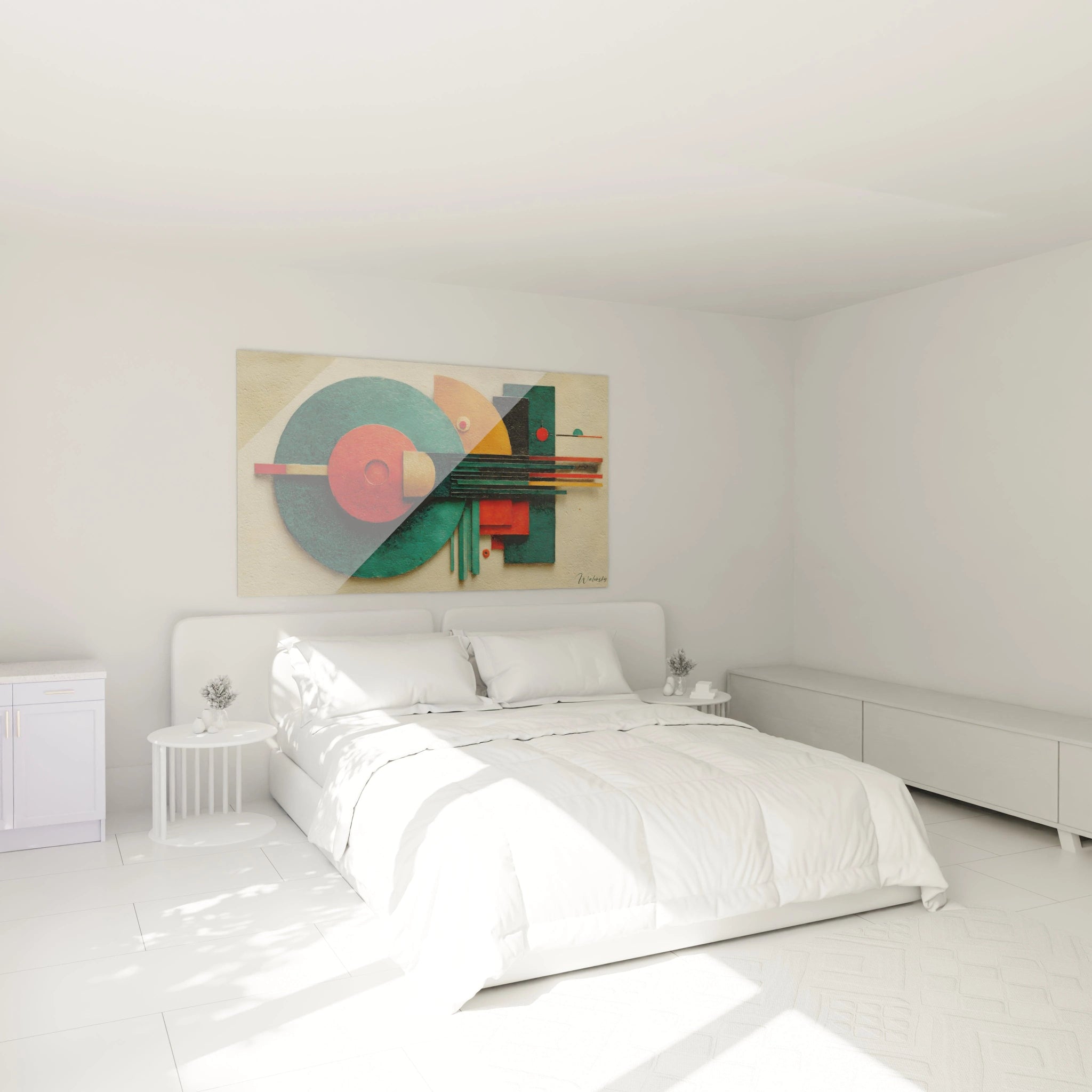 tableau géométrique Bauhaus Walensky accroché au-dessus d'un lit blanc dans une chambre minimaliste lumineuse
