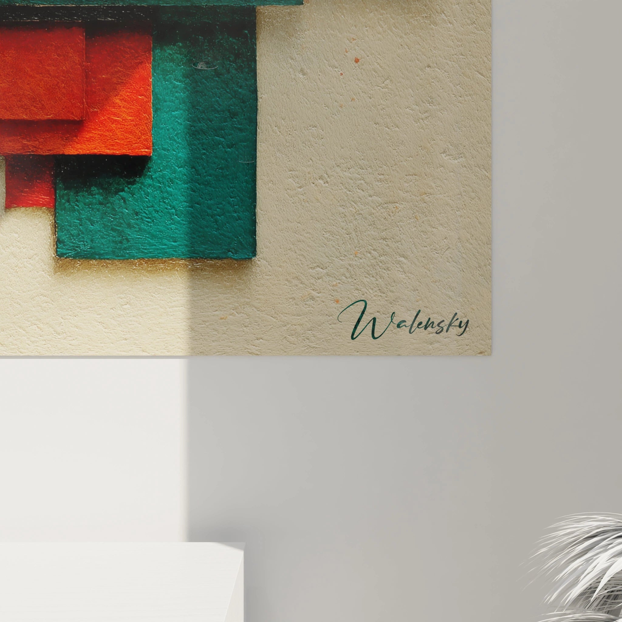 Walensky tableau géométrique Bauhaus en textures beiges avec formes rectangulaires rouges et vertes