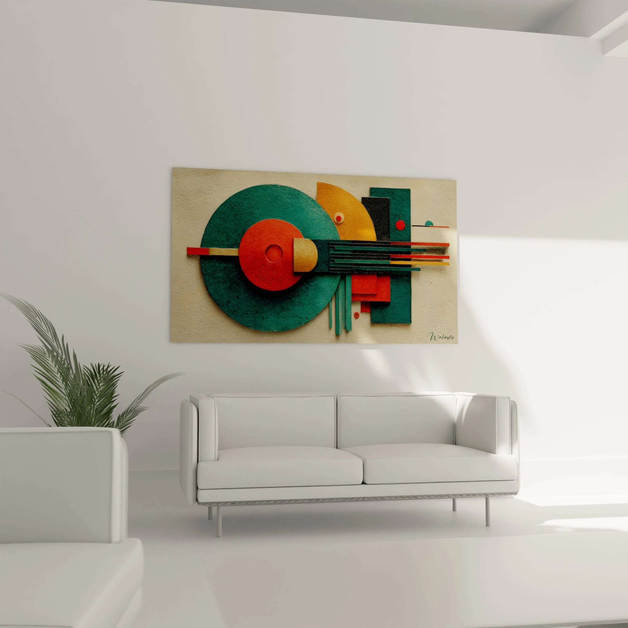 Tableau mural Walensky tableau géométrique Bauhaus en relief vert orange et rouge accroché au dessus d un canapé blanc moderne