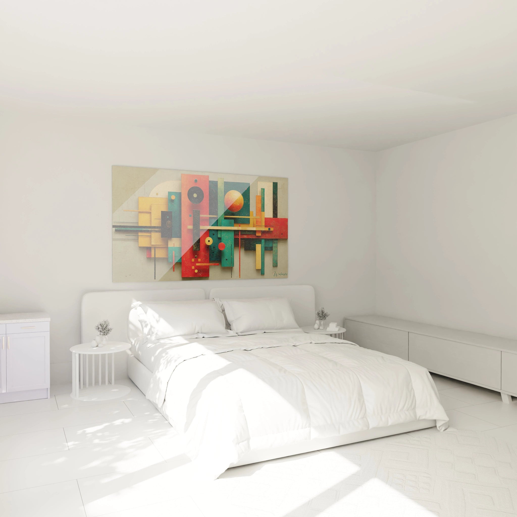 Tableau mural Walensky mettant en valeur un tableau géométrique Bauhaus coloré au dessus du lit dans une chambre minimaliste