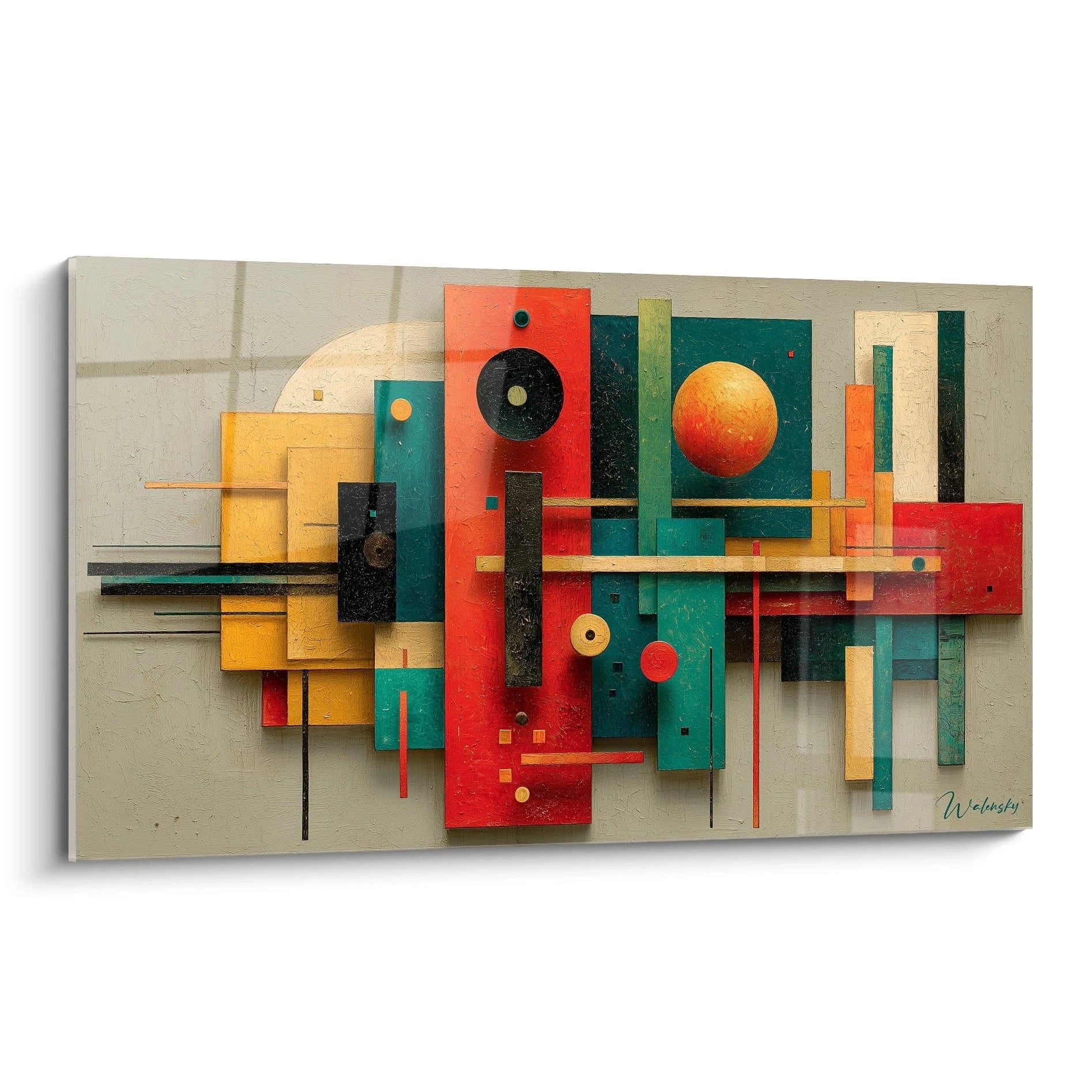 Tableau mural Walensky tableau géométrique Bauhaus en bois superposé rouge vert et jaune, composition abstraite moderne