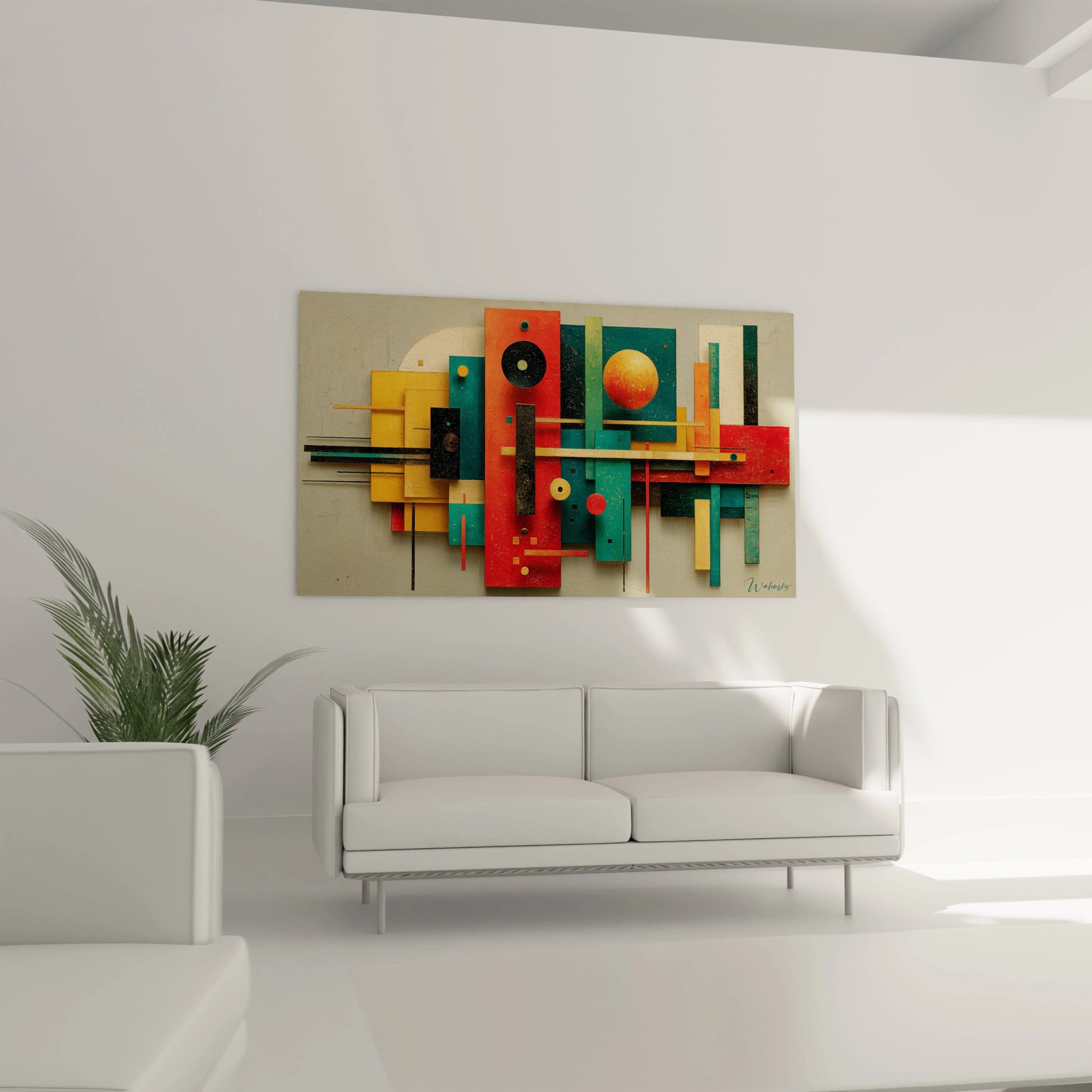 tableau géométrique Bauhaus Walensky coloré rouge turquoise jaune accroché au dessus d un canapé blanc minimaliste