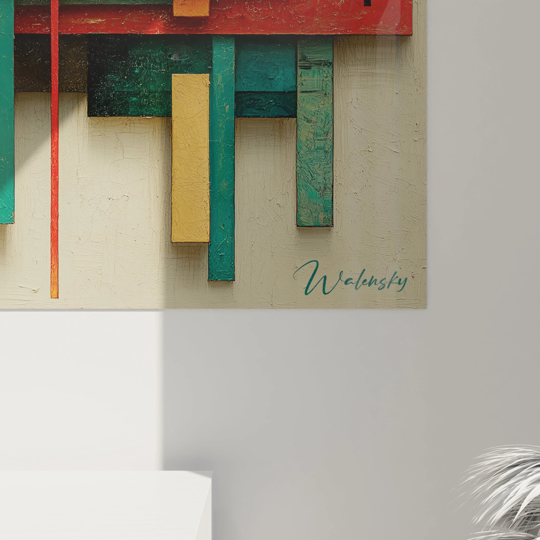 Tableau mural Walensky en style tableau géométrique Bauhaus vert jaune rouge avec signature sur fond crème