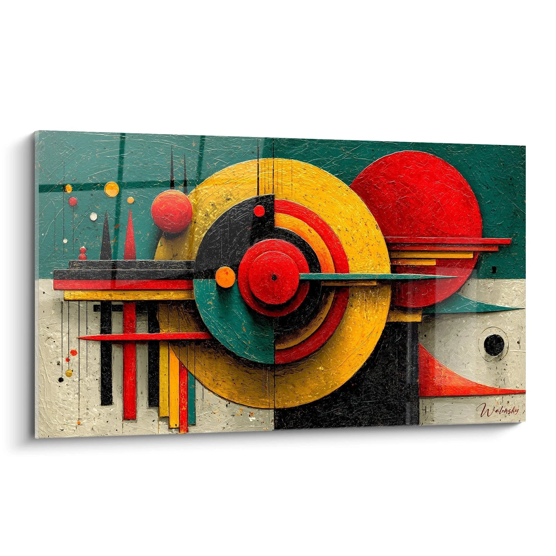 Walensky tableau géométrique design Bauhaus mural coloré avec cercles superposés textures peintes jaune rouge vert
