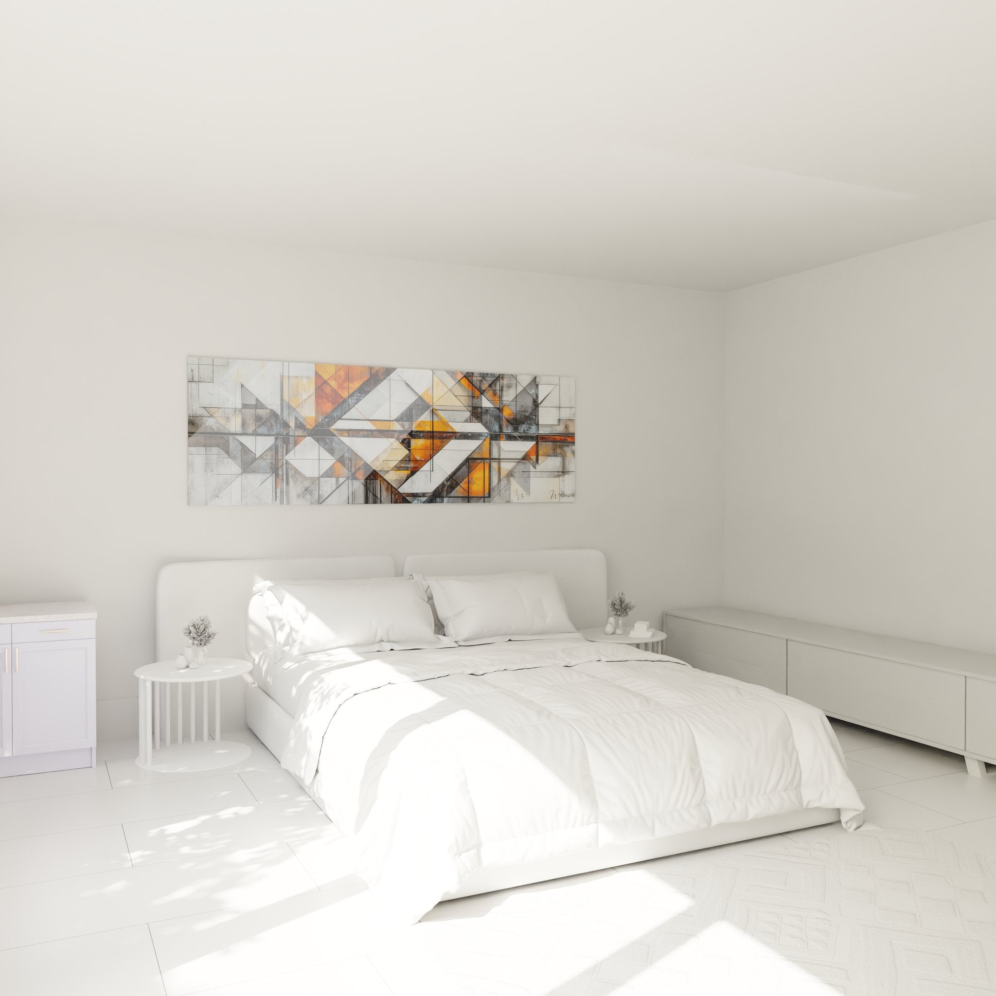Tableau mural géométrique orange installé dans chambre moderne avec décoration contemporaine