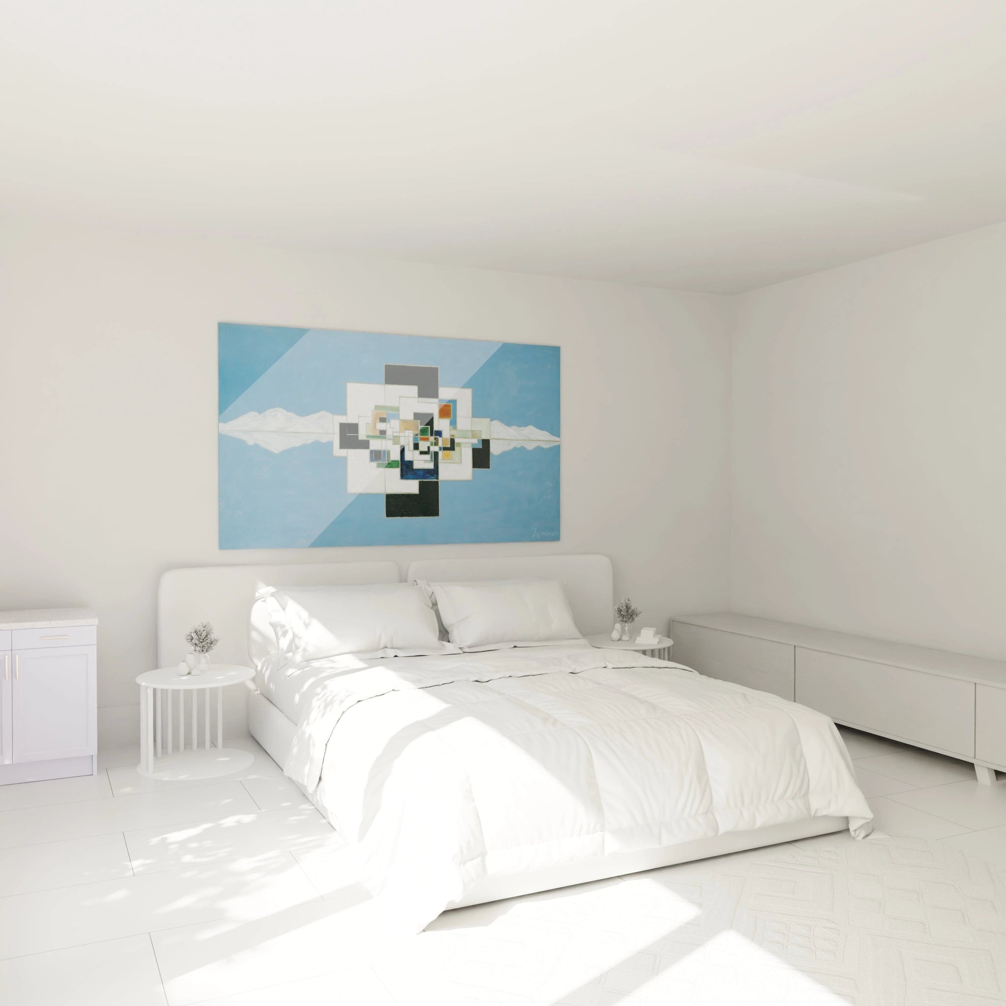 Tableau mural Walensky tableau géométrique moderne bleu au dessus de lit blanc dans chambre minimaliste