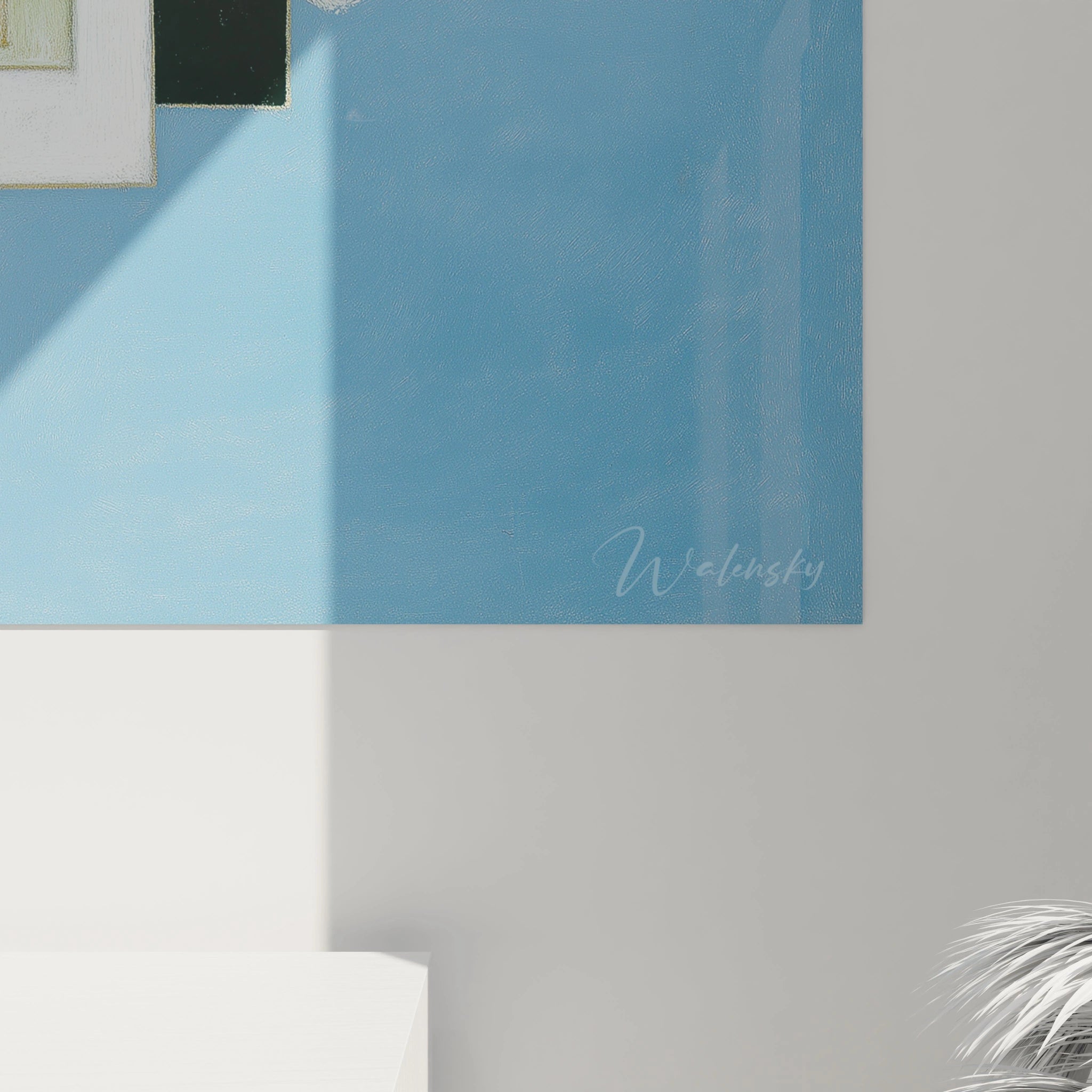 Walensky tableau géométrique moderne bleu minimaliste accroché au mur avec ombre et plante