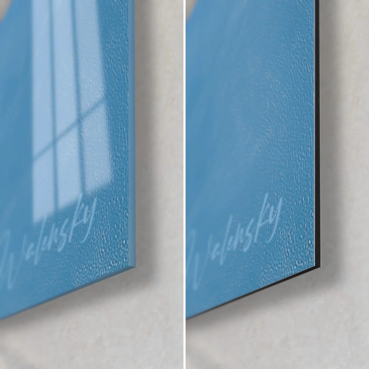 Wall art abstract in azure blue and black rectangles, bottom right corner: glossy acrylic glass and matte Dibond aluminium edge