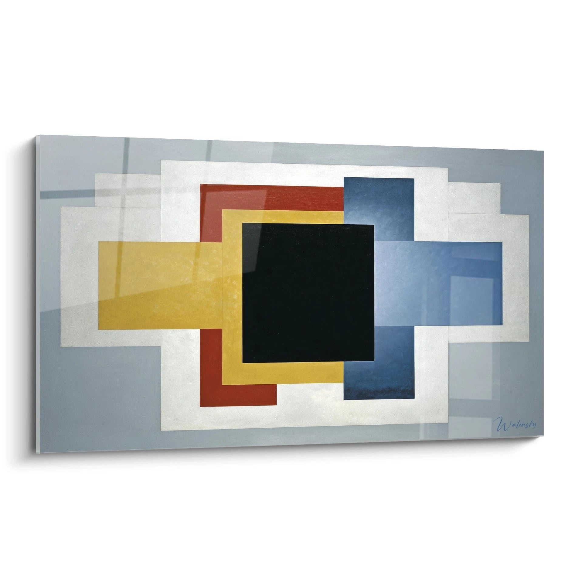 Tableau mural Walensky tableau géométrique constructivisme avec carré noir central et rectangles superposés jaune rouge bleu