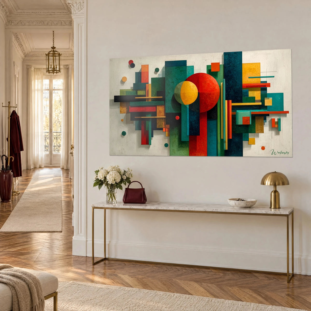 Wall art mosaic of petrol blue and ochre yellow flat blocks around a scarlet disc, on the white wall of a Haussmann-style apartment
