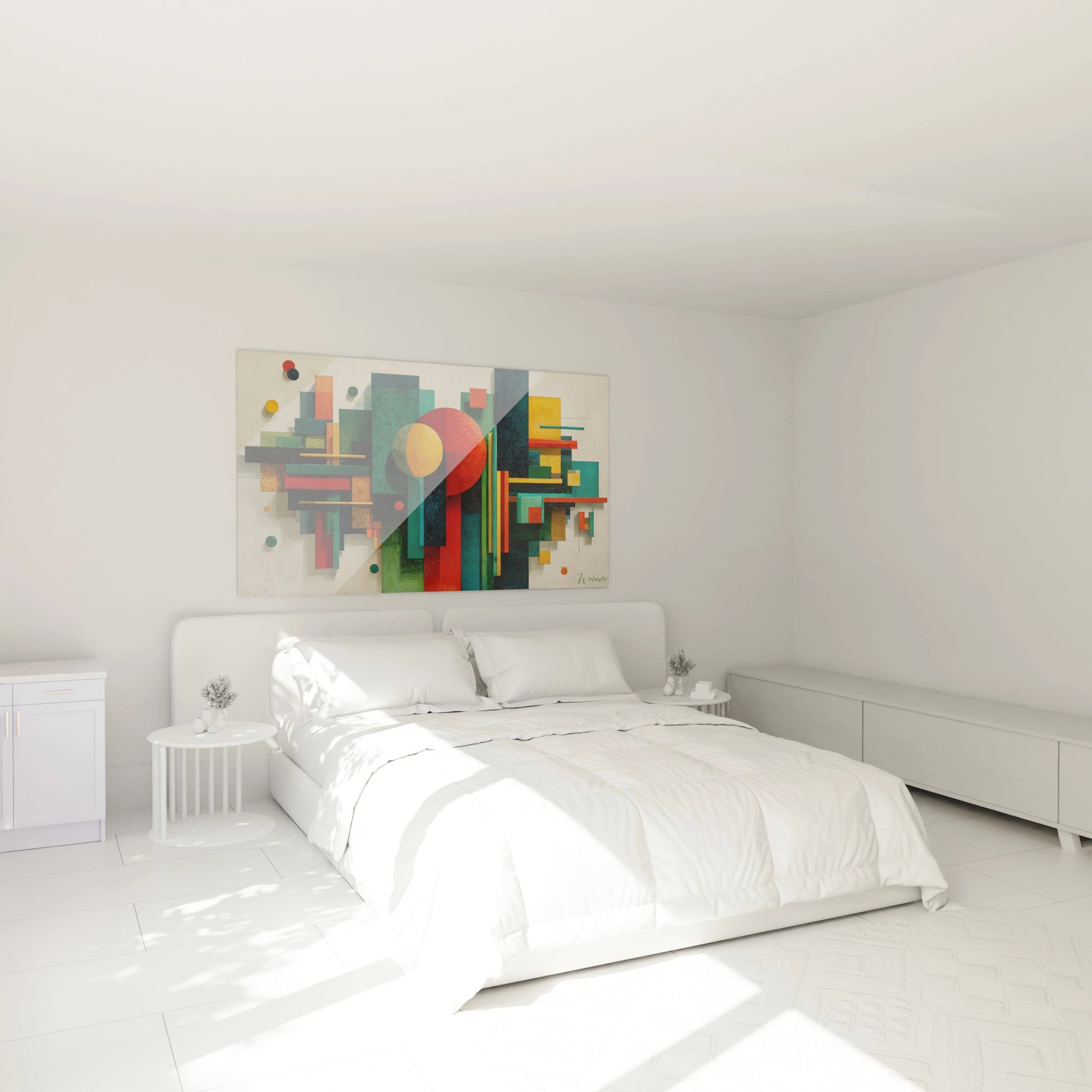 tableau géométrique Bauhaus Walensky accroché au dessus d un lit blanc dans une chambre minimaliste moderne