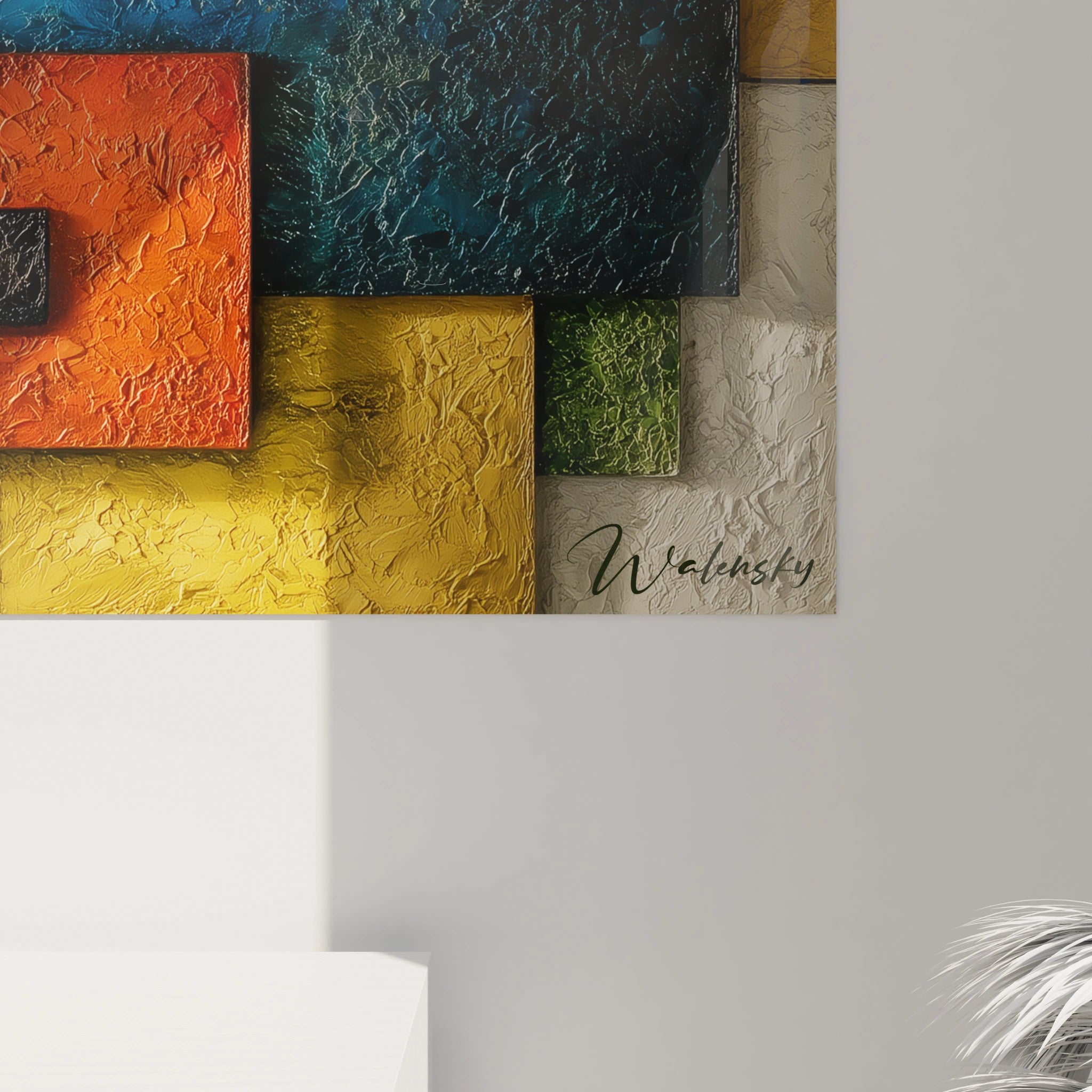 Tableau mural Walensky en relief avec blocs colorés superposés et texture abstraite et tableau géométrique Bauhaus