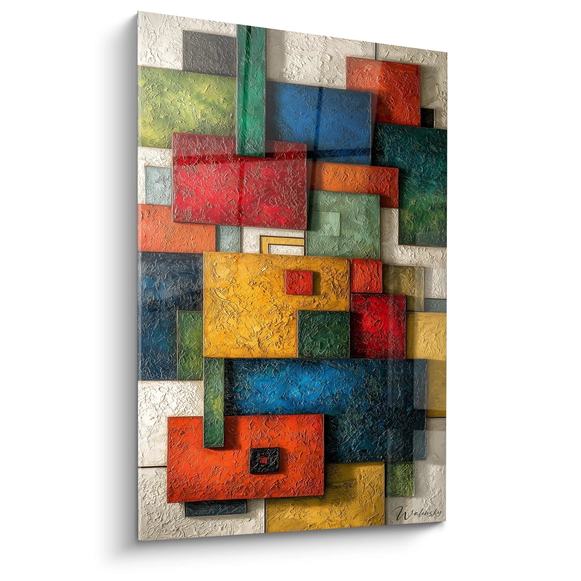 Walensky tableau géométrique Bauhaus mural en relief aux couleurs vives et rectangles superposés