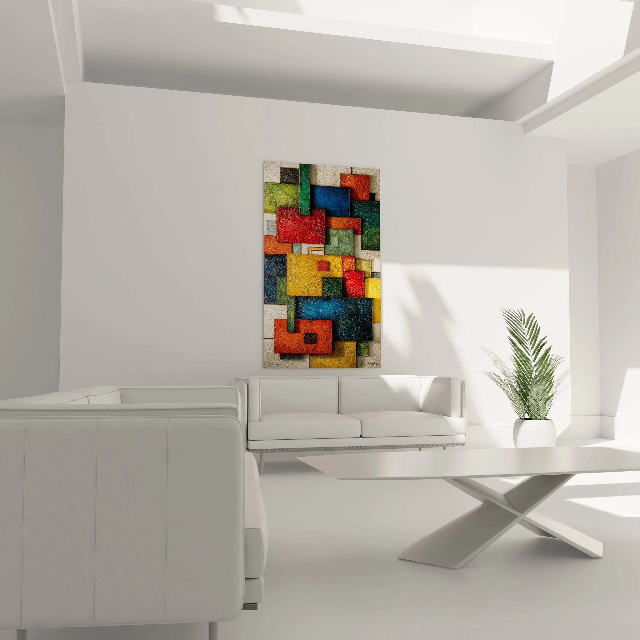 Walensky tableau géométrique Bauhaus coloré accroché au dessus d un canapé blanc dans un salon minimaliste lumineux