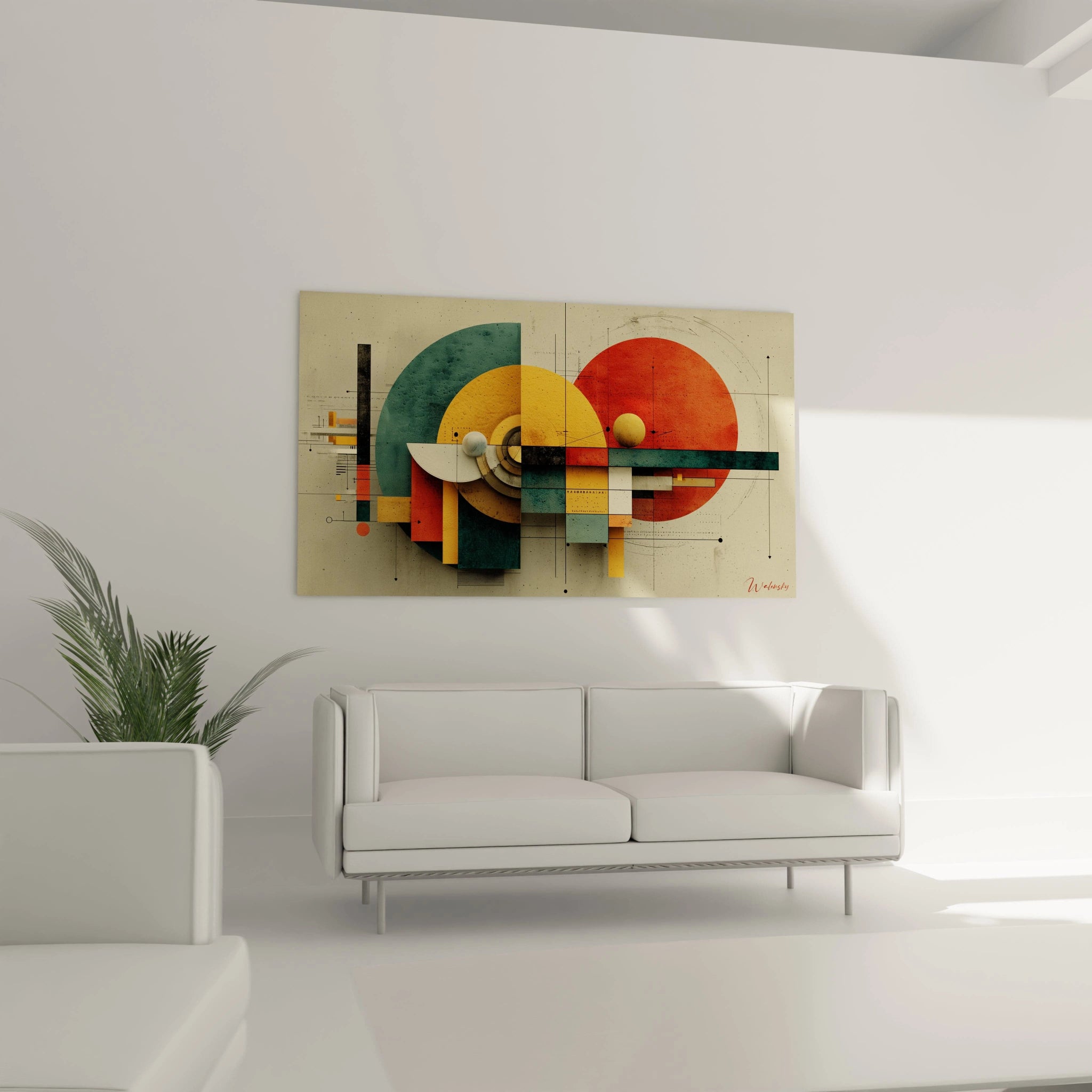 tableau géométrique Bauhaus Walensky accroché au dessus du canapé blanc dans un salon minimaliste