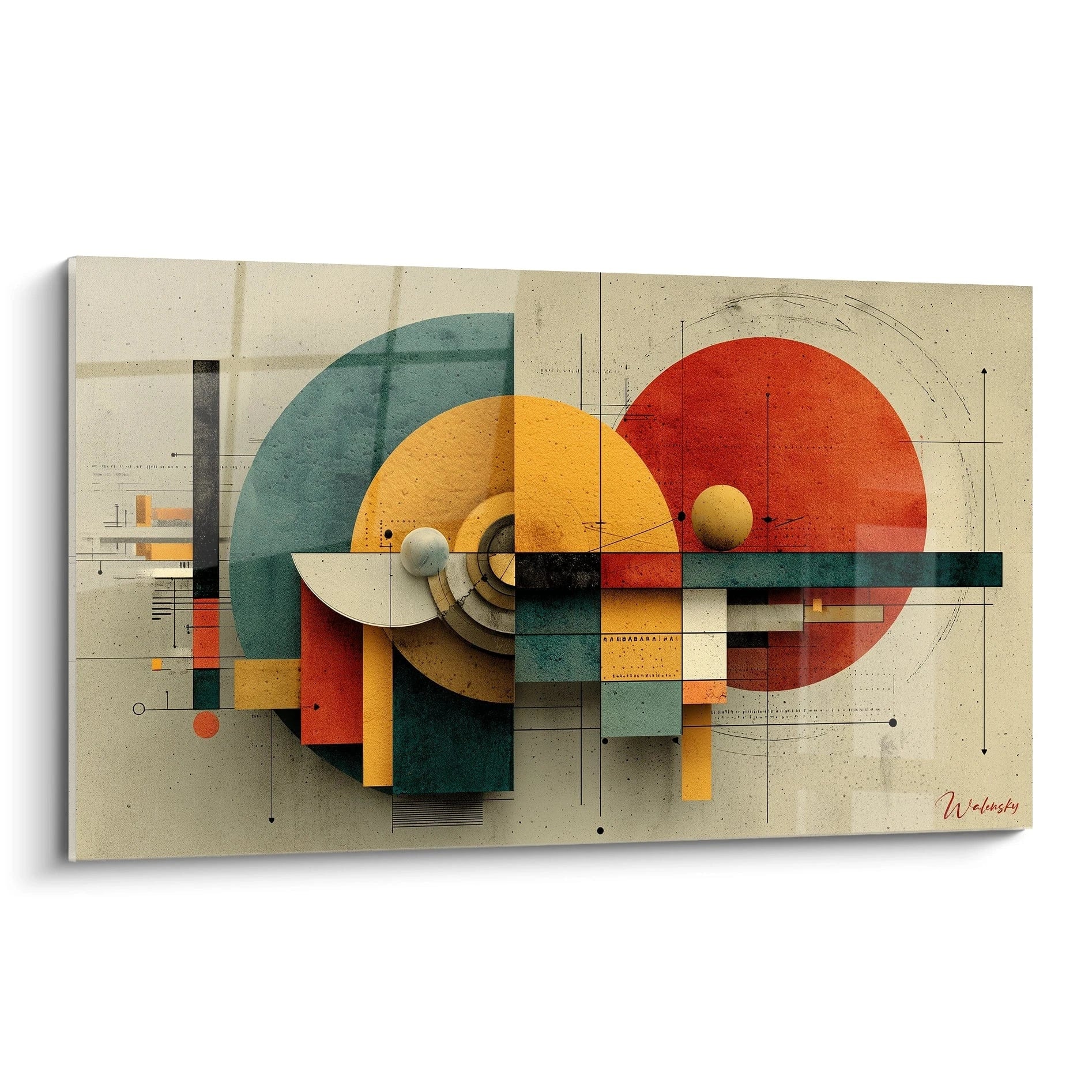 Tableau mural Walensky tableau géométrique Bauhaus aux cercles rouge jaune vert formes empilées et lignes techniques