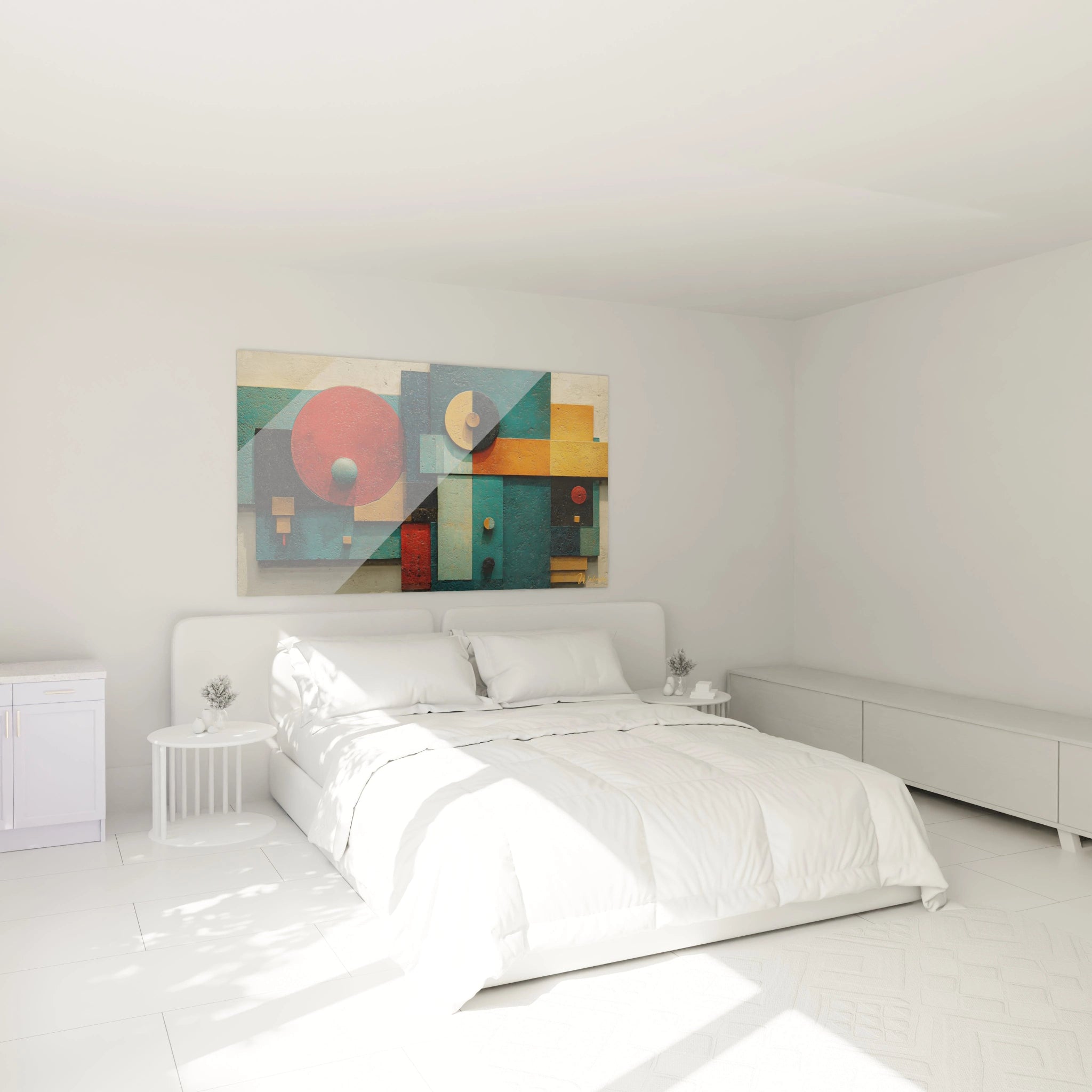 tableau géométrique abstrait Walensky coloré au dessus d un lit blanc moderne dans une chambre minimaliste